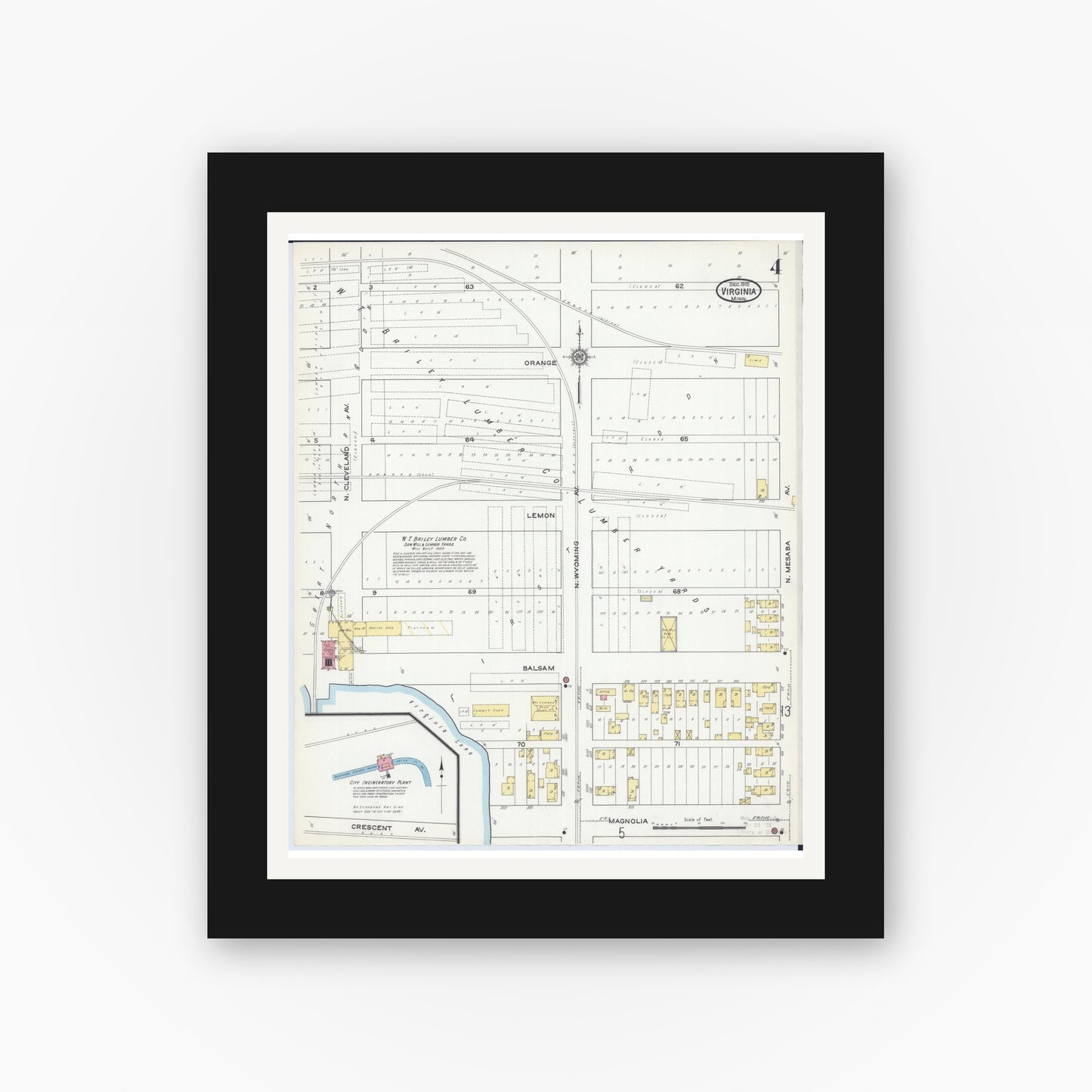 Old map wall art mockup — black gallery frame with white mat — Sanborn Fire Insurance Map from Virginia, Saint Louis County, Minnesota (1915), Sheet #0004