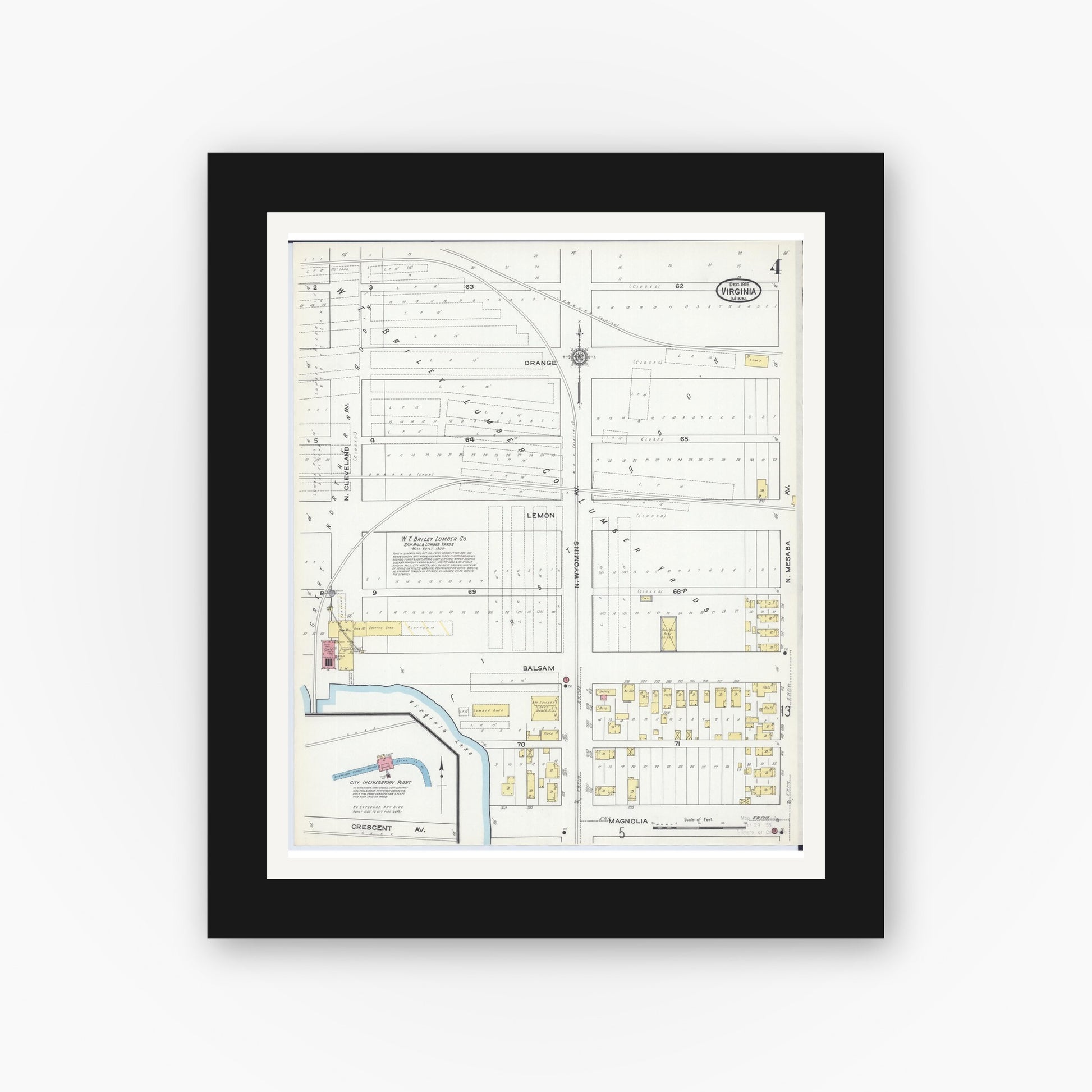 Old map wall art mockup — black gallery frame with white mat — Sanborn Fire Insurance Map from Virginia, Saint Louis County, Minnesota (1915), Sheet #0004