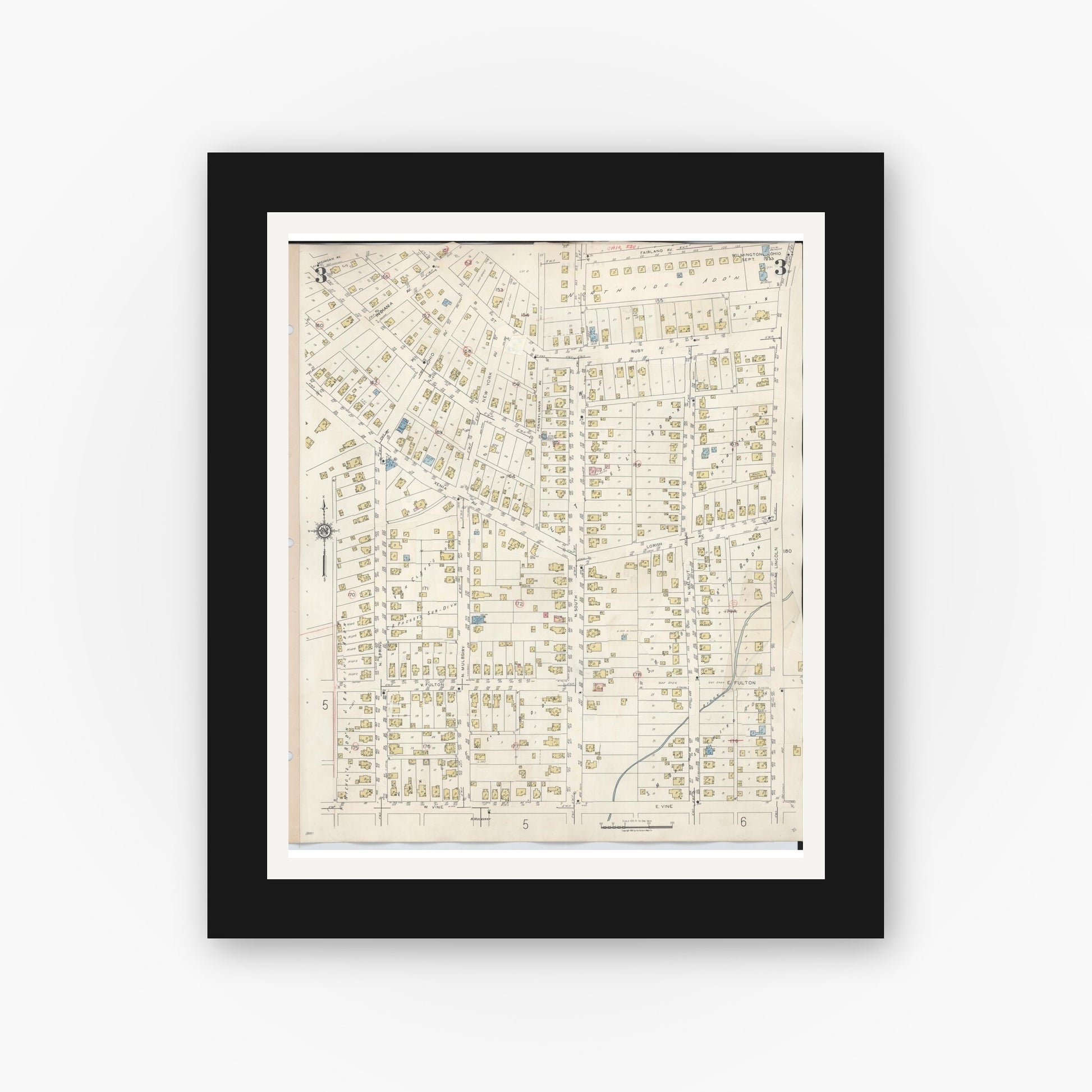 Old map wall art mockup — black gallery frame with white mat — Sanborn Fire Insurance Map from Wilmington, Clinton County, Ohio (1949), Sheet #0003