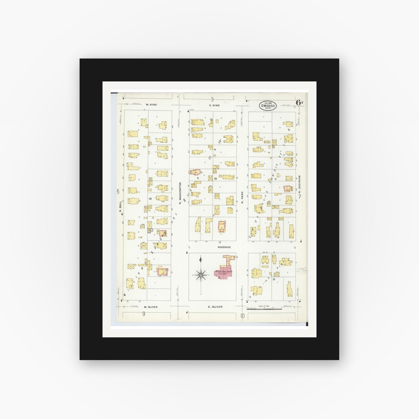 Old map wall art mockup — black gallery frame with white mat — Sanborn Fire Insurance Map from Owosso, Shiawassee County, Michigan (1908), Sheet #0006