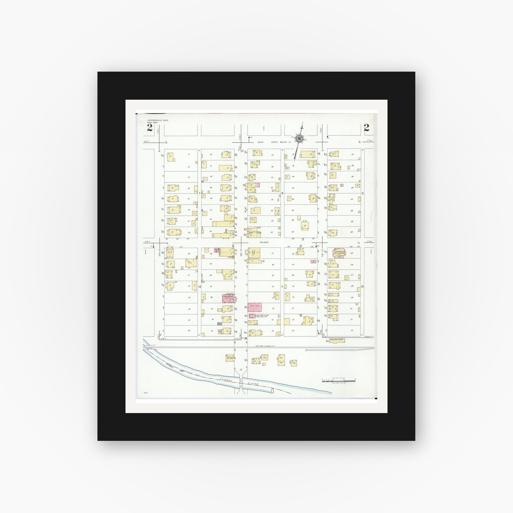 Old map wall art mockup — black gallery frame with white mat — Sanborn Fire Insurance Map from Jacksonville, Athens County, Ohio (1948), Sheet #0002