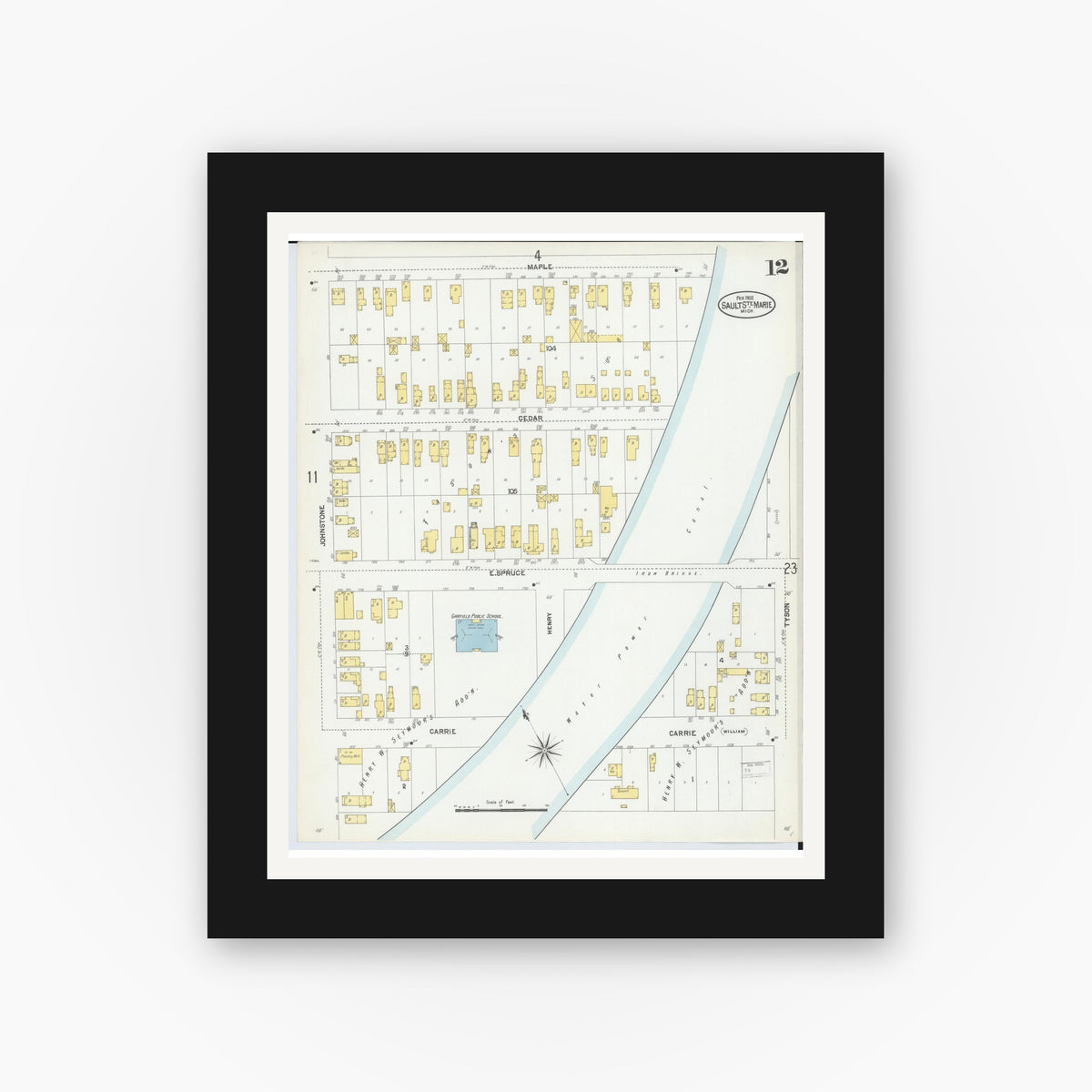 Old map wall art mockup — black gallery frame with white mat — Sanborn Fire Insurance Map from Sault Sainte Marie, Chippewa County, Michigan (1902), Sheet #0012