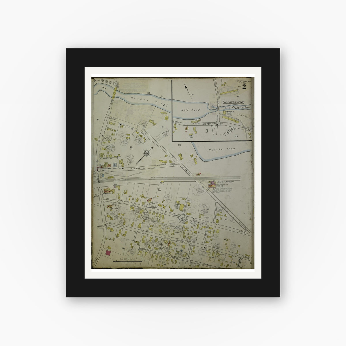 Old map wall art mockup — black gallery frame with white mat — Sanborn Fire Insurance Map from East Pepperell, Middlesex County, Massachusetts (1953), Sheet #0002