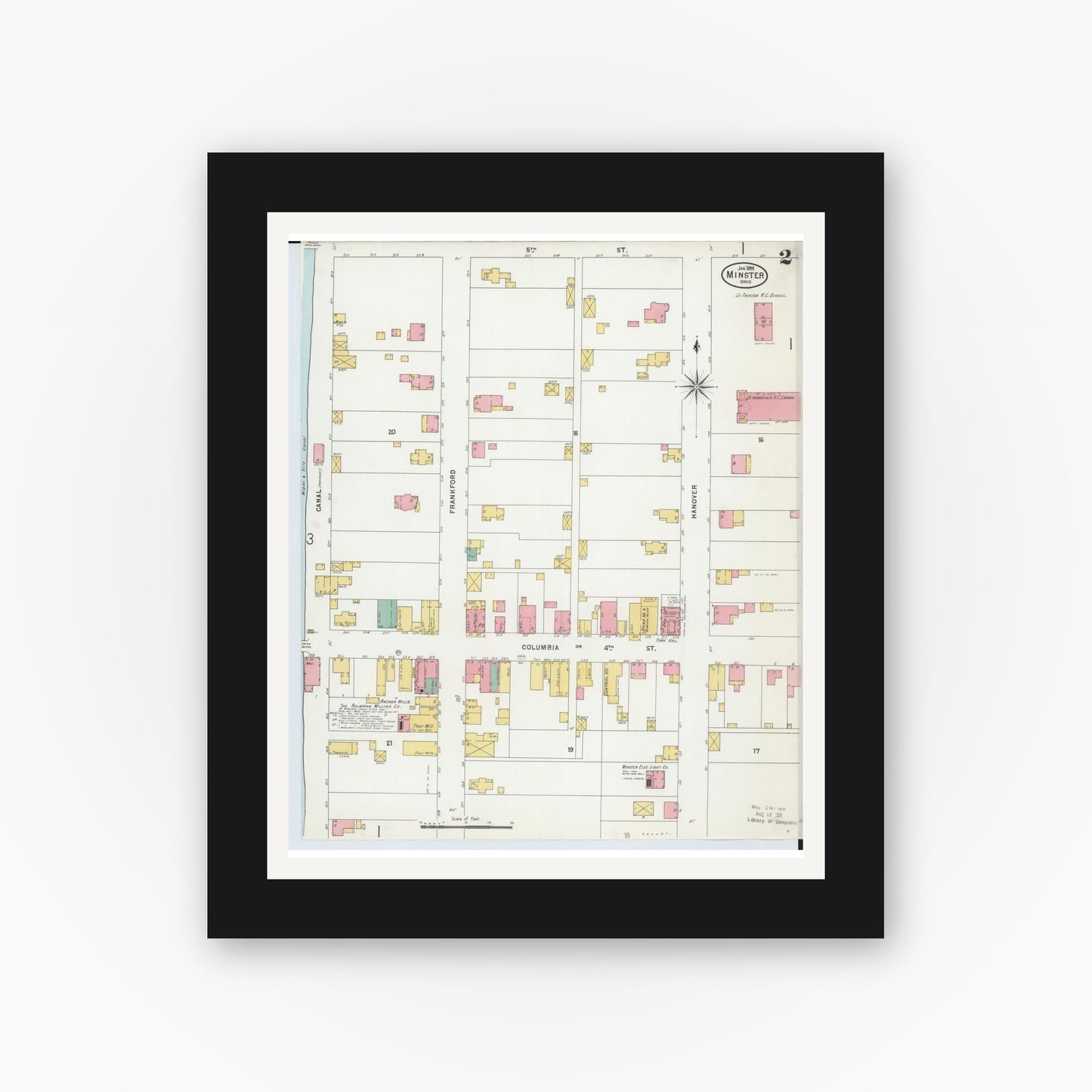 Old map wall art mockup — black gallery frame with white mat — Sanborn Fire Insurance Map from Minster, Auglaize County, Ohio (1899), Sheet #0002