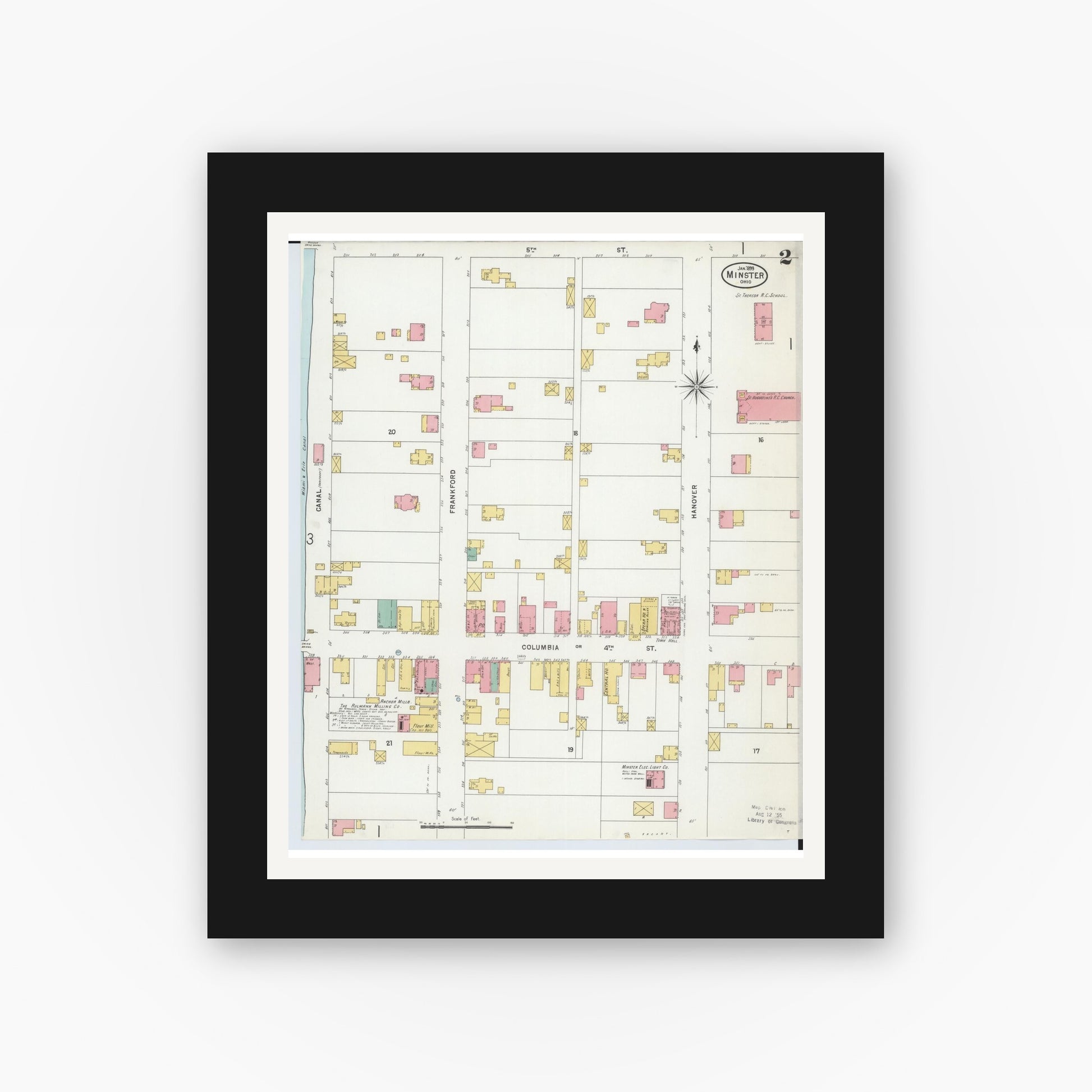 Old map wall art mockup — black gallery frame with white mat — Sanborn Fire Insurance Map from Minster, Auglaize County, Ohio (1899), Sheet #0002