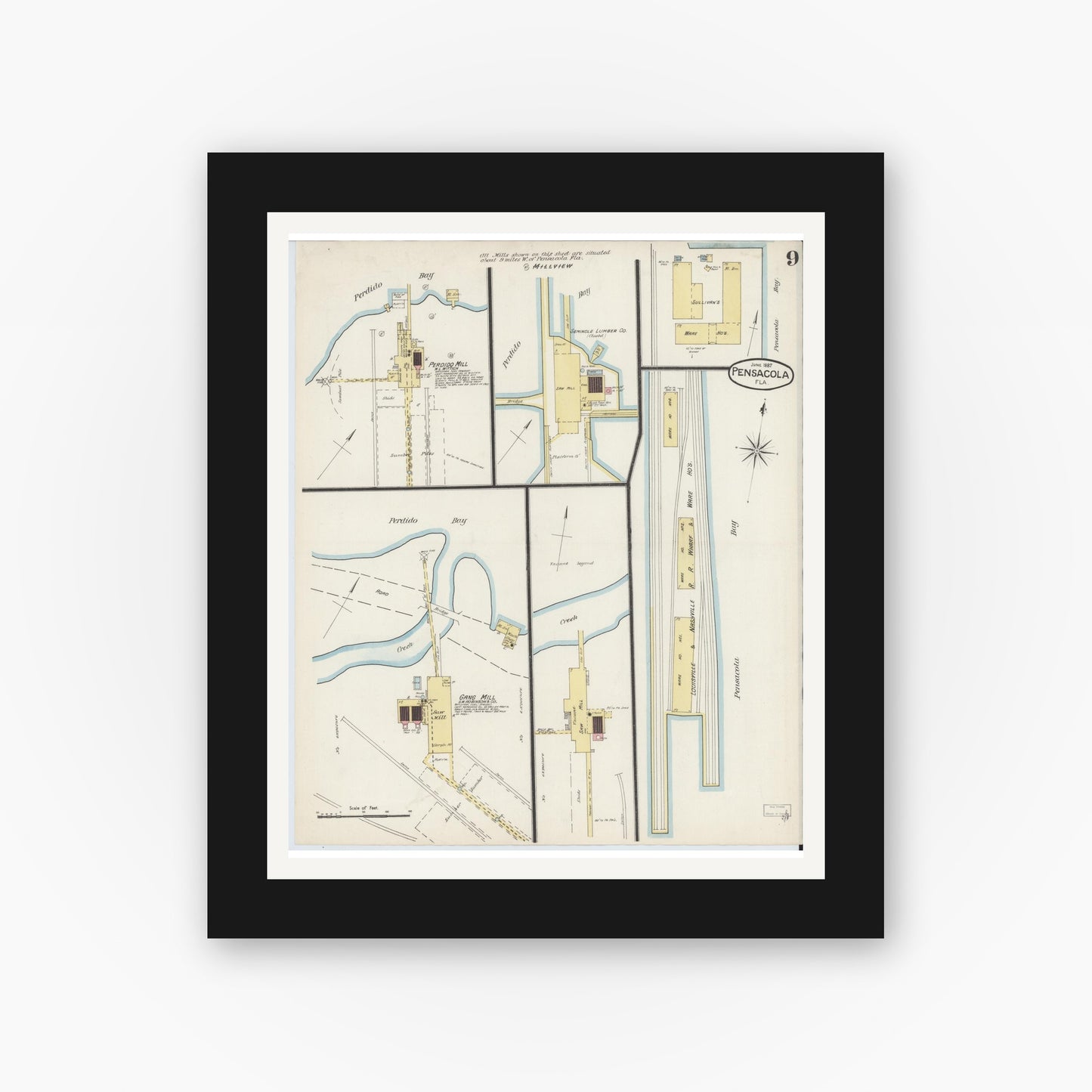 Old map wall art mockup — black gallery frame with white mat — Sanborn Fire Insurance Map from Pensacola, Escambia County, Florida (1887), Sheet #0009