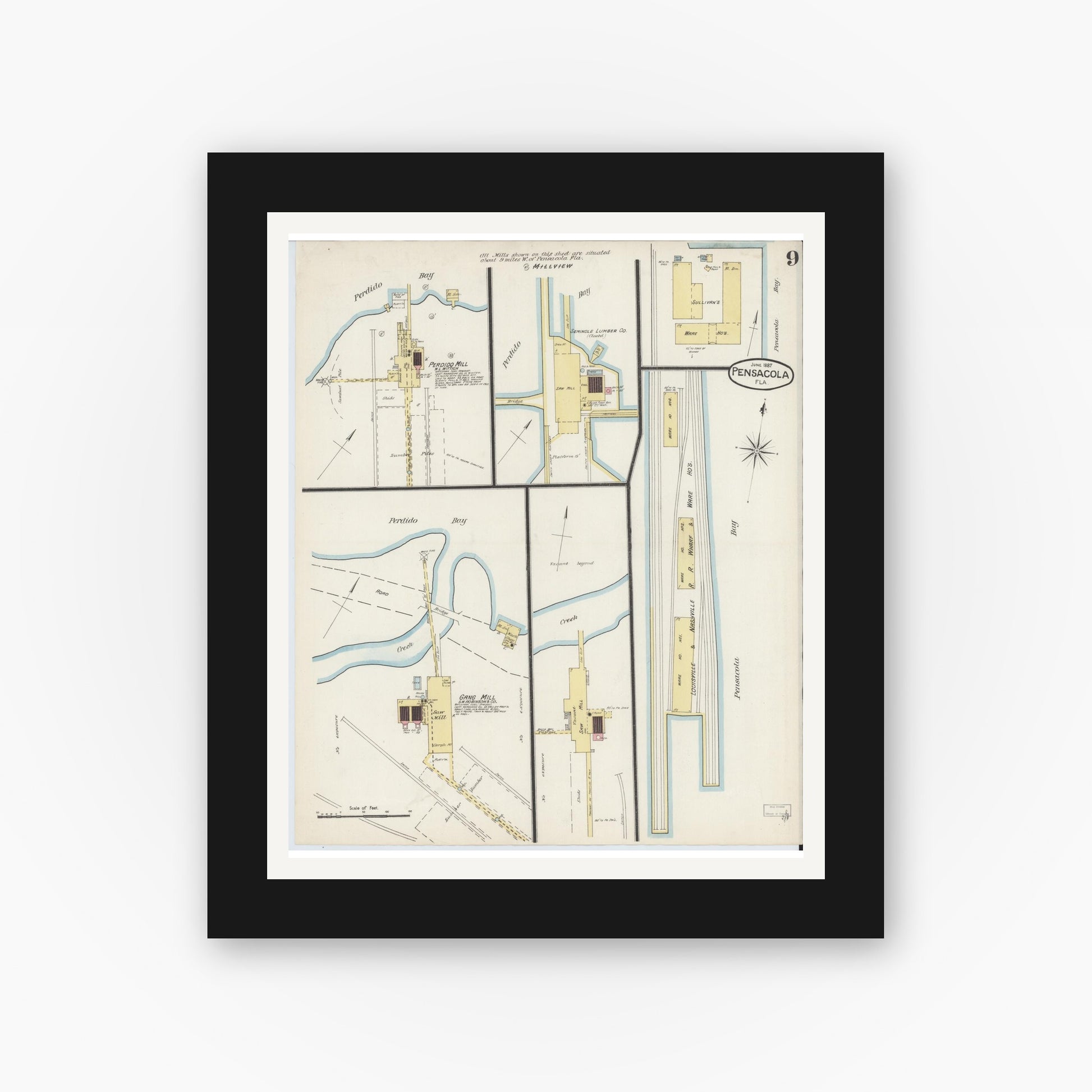 Old map wall art mockup — black gallery frame with white mat — Sanborn Fire Insurance Map from Pensacola, Escambia County, Florida (1887), Sheet #0009