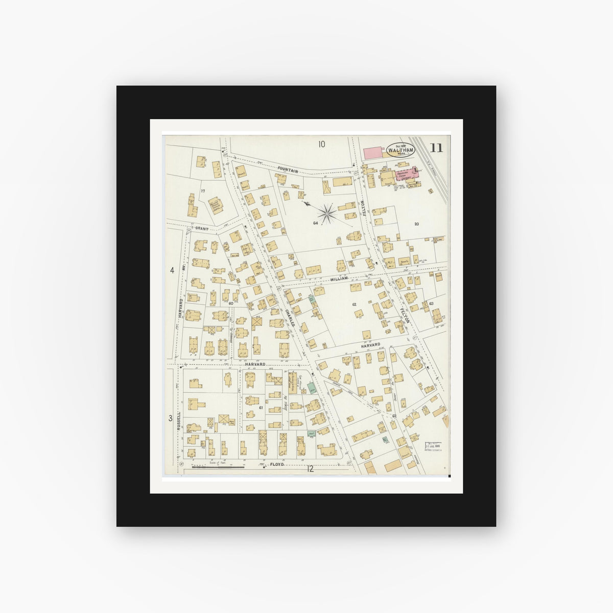 Old map wall art mockup — black gallery frame with white mat — Sanborn Fire Insurance Map from Waltham, Middlesex County, Massachusetts (1897), Sheet #0011