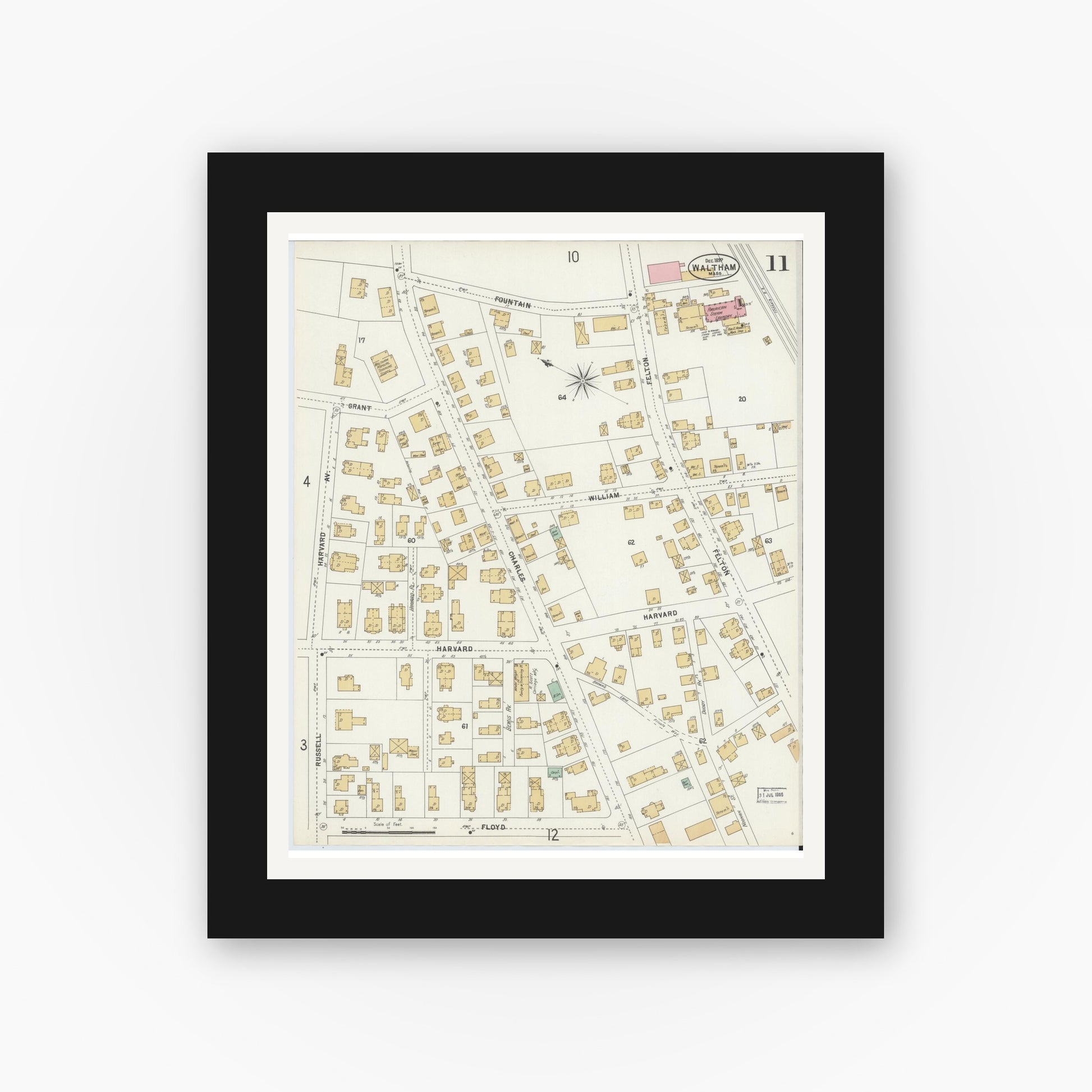 Old map wall art mockup — black gallery frame with white mat — Sanborn Fire Insurance Map from Waltham, Middlesex County, Massachusetts (1897), Sheet #0011
