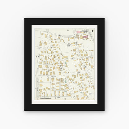 Old map wall art mockup — black gallery frame with white mat — Sanborn Fire Insurance Map from Waltham, Middlesex County, Massachusetts (1897), Sheet #0011