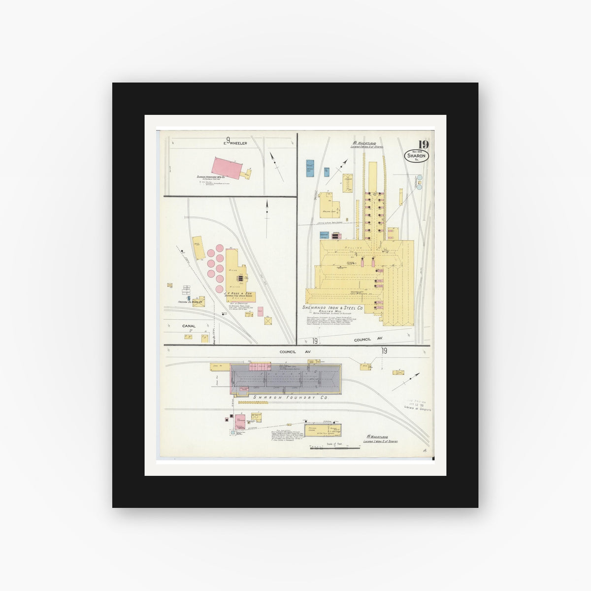 Old map wall art mockup — black gallery frame with white mat — Sanborn Fire Insurance Map from Sharon, Mercer County, Pennsylvania (1908), Sheet #0019