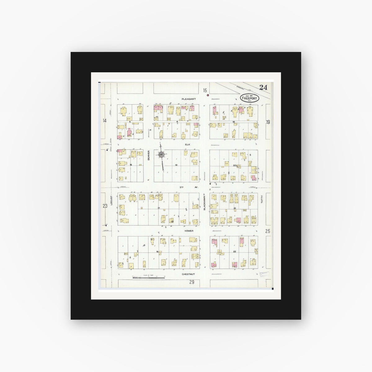 Old map wall art mockup — black gallery frame with white mat — Sanborn Fire Insurance Map from Freeport, Stephenson County, Illinois (1910), Sheet #0024