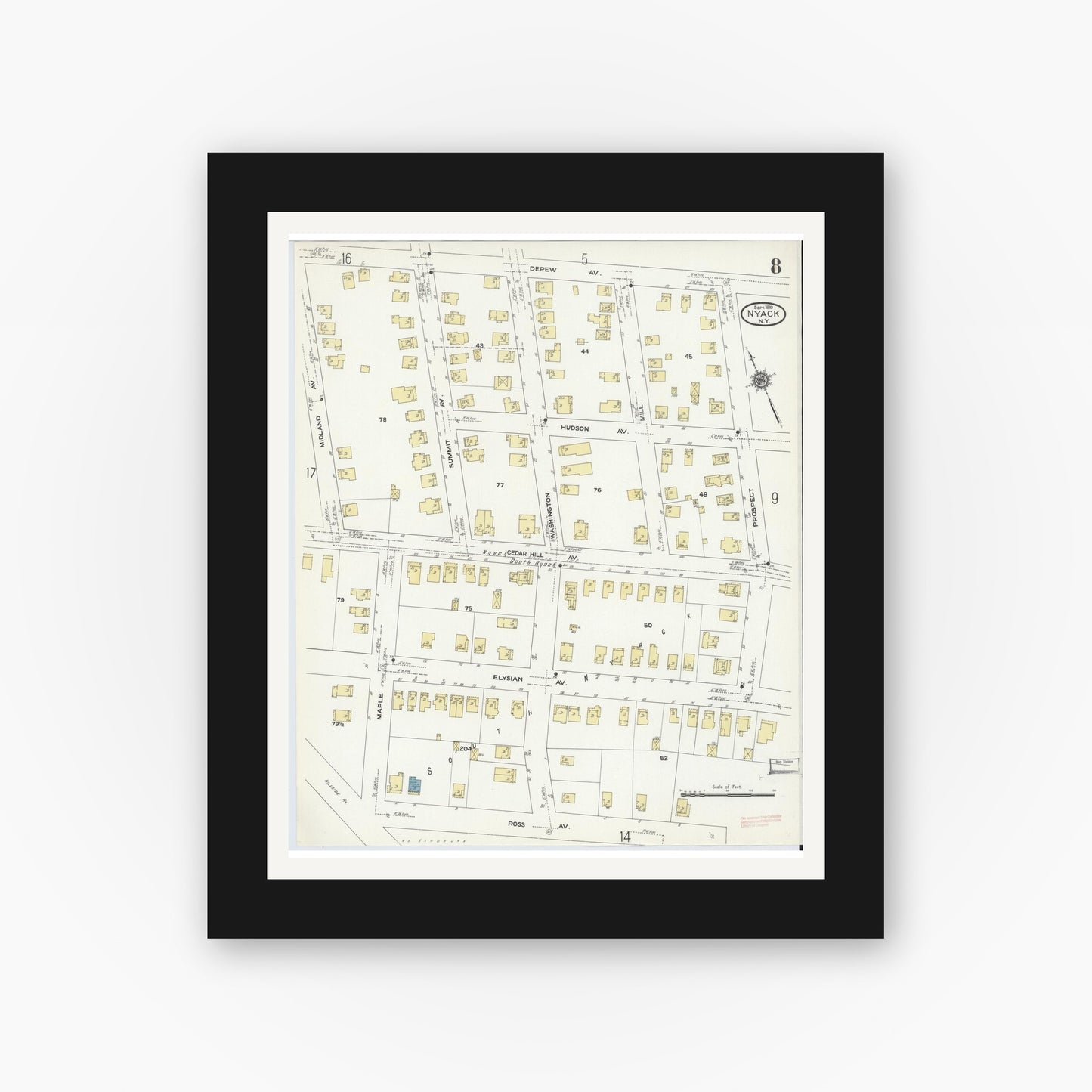 Old map wall art mockup — black gallery frame with white mat — Sanborn Fire Insurance Map from Nyack, Rockland County, New York. (1910), Sheet #0008