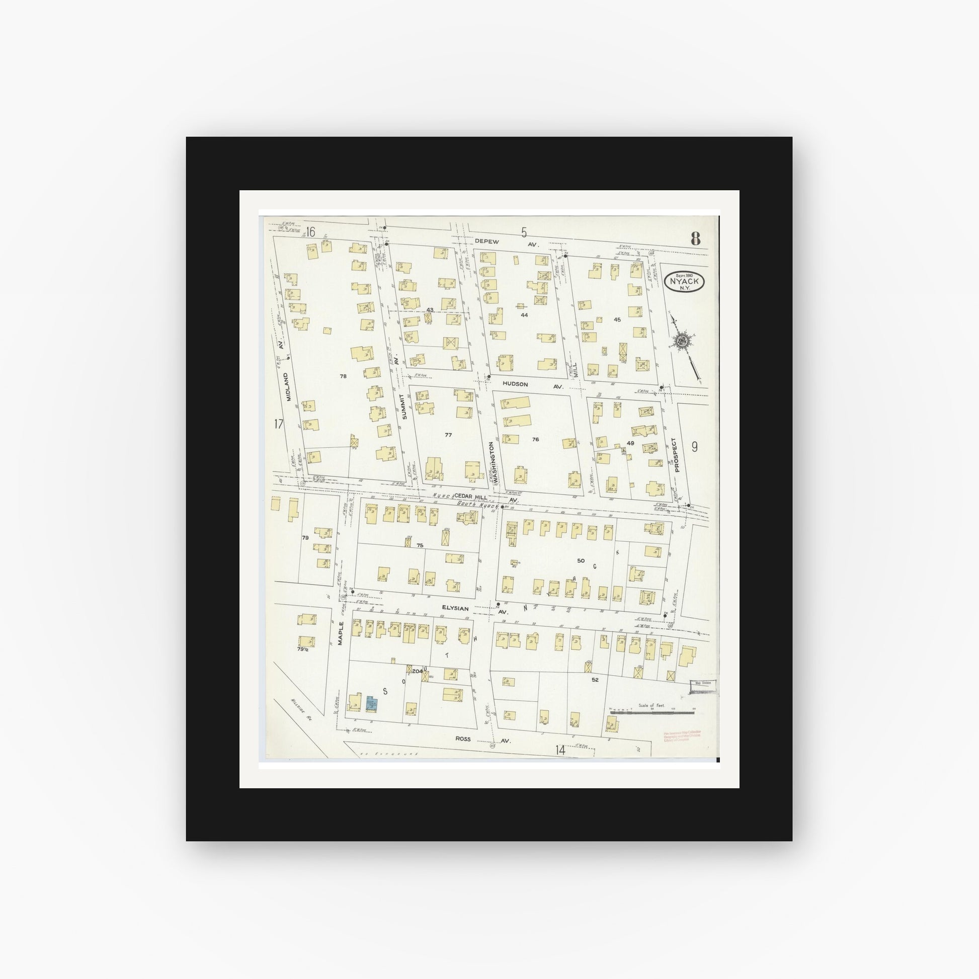 Old map wall art mockup — black gallery frame with white mat — Sanborn Fire Insurance Map from Nyack, Rockland County, New York. (1910), Sheet #0008