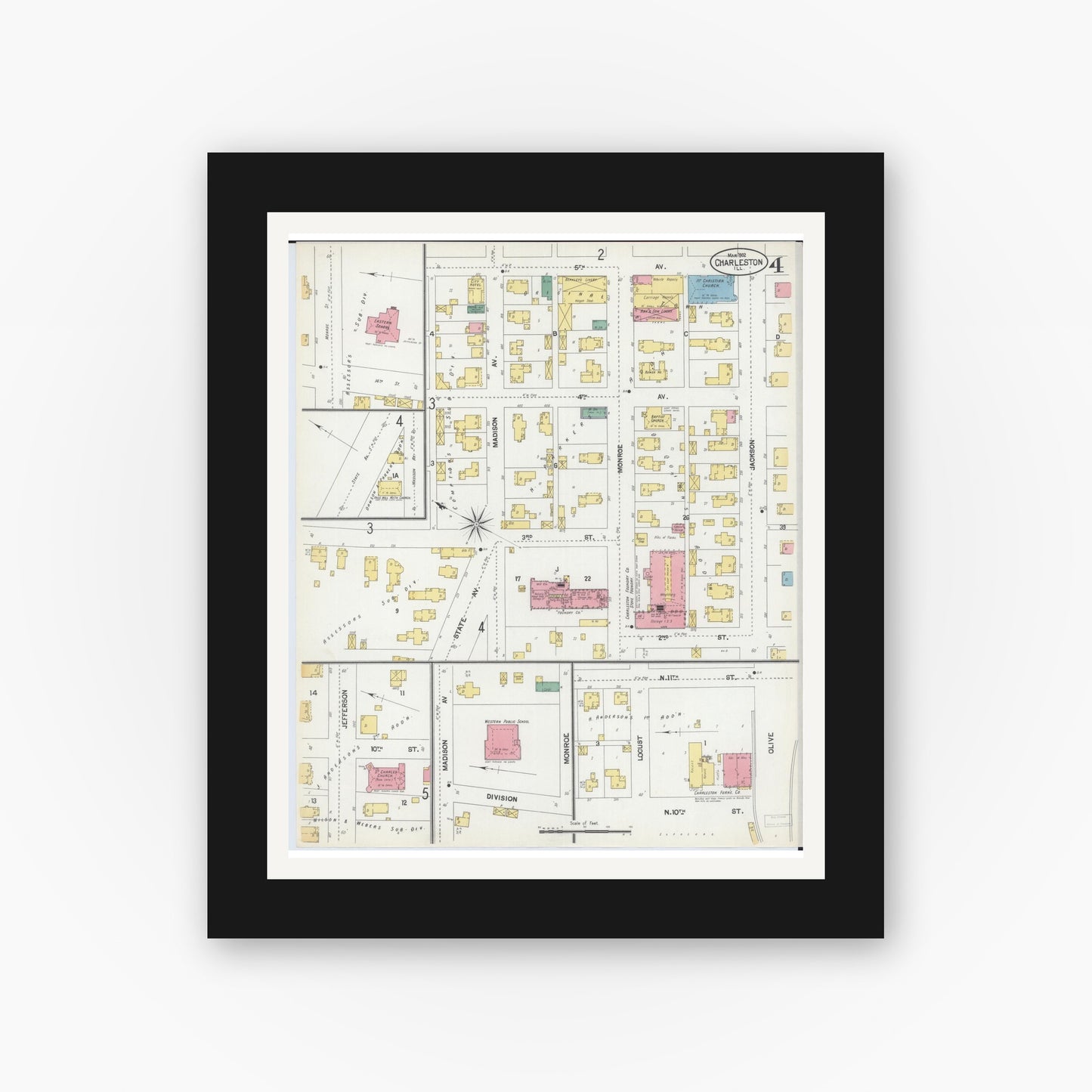Old map wall art mockup — black gallery frame with white mat — Sanborn Fire Insurance Map from Charleston, Coles County, Illinois (1902), Sheet #0004