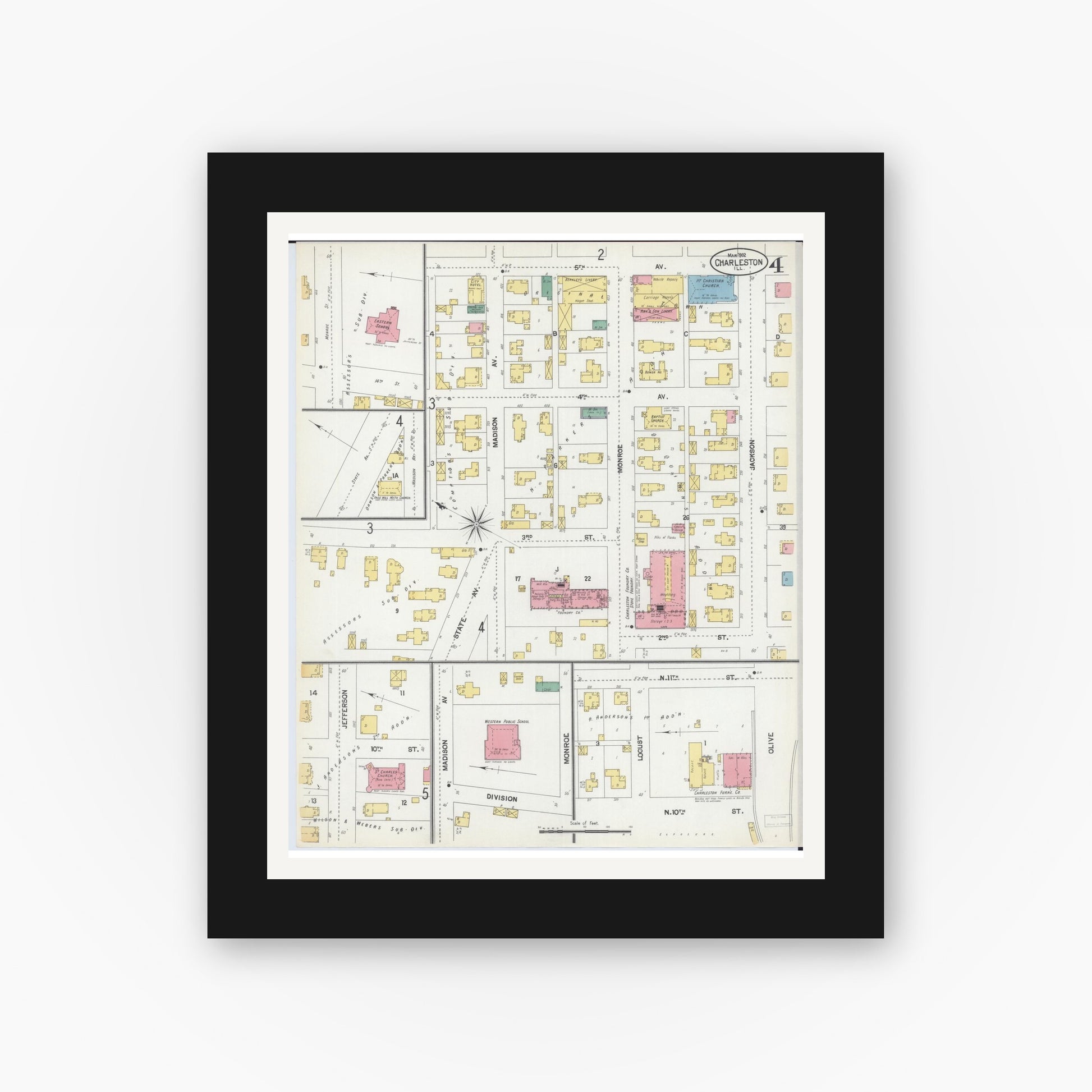 Old map wall art mockup — black gallery frame with white mat — Sanborn Fire Insurance Map from Charleston, Coles County, Illinois (1902), Sheet #0004