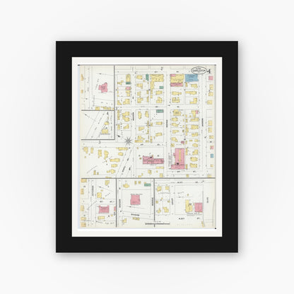 Old map wall art mockup — black gallery frame with white mat — Sanborn Fire Insurance Map from Charleston, Coles County, Illinois (1902), Sheet #0004