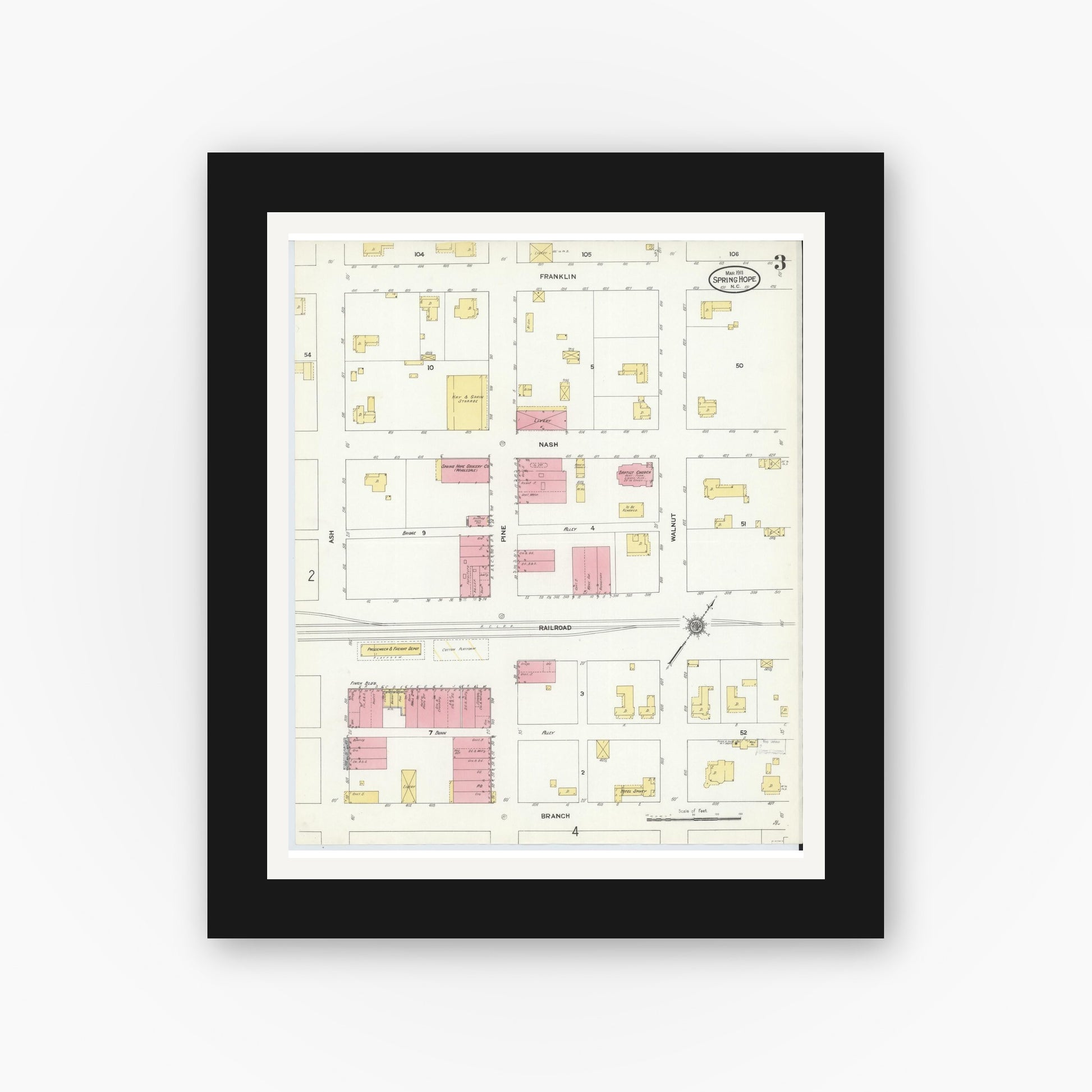 Old map wall art mockup — black gallery frame with white mat — Sanborn Fire Insurance Map from Spring Hope, Nash County, North Carolina (1911), Sheet #0003