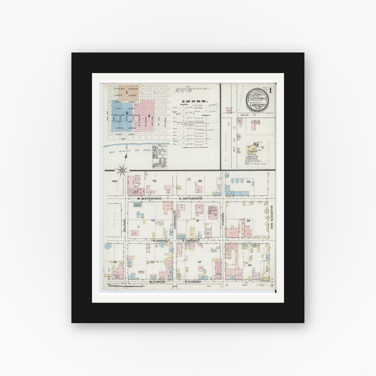 Old map wall art mockup — black gallery frame with white mat — Sanborn Fire Insurance Map from Laredo, Webb County, Texas (1889), Sheet #0001