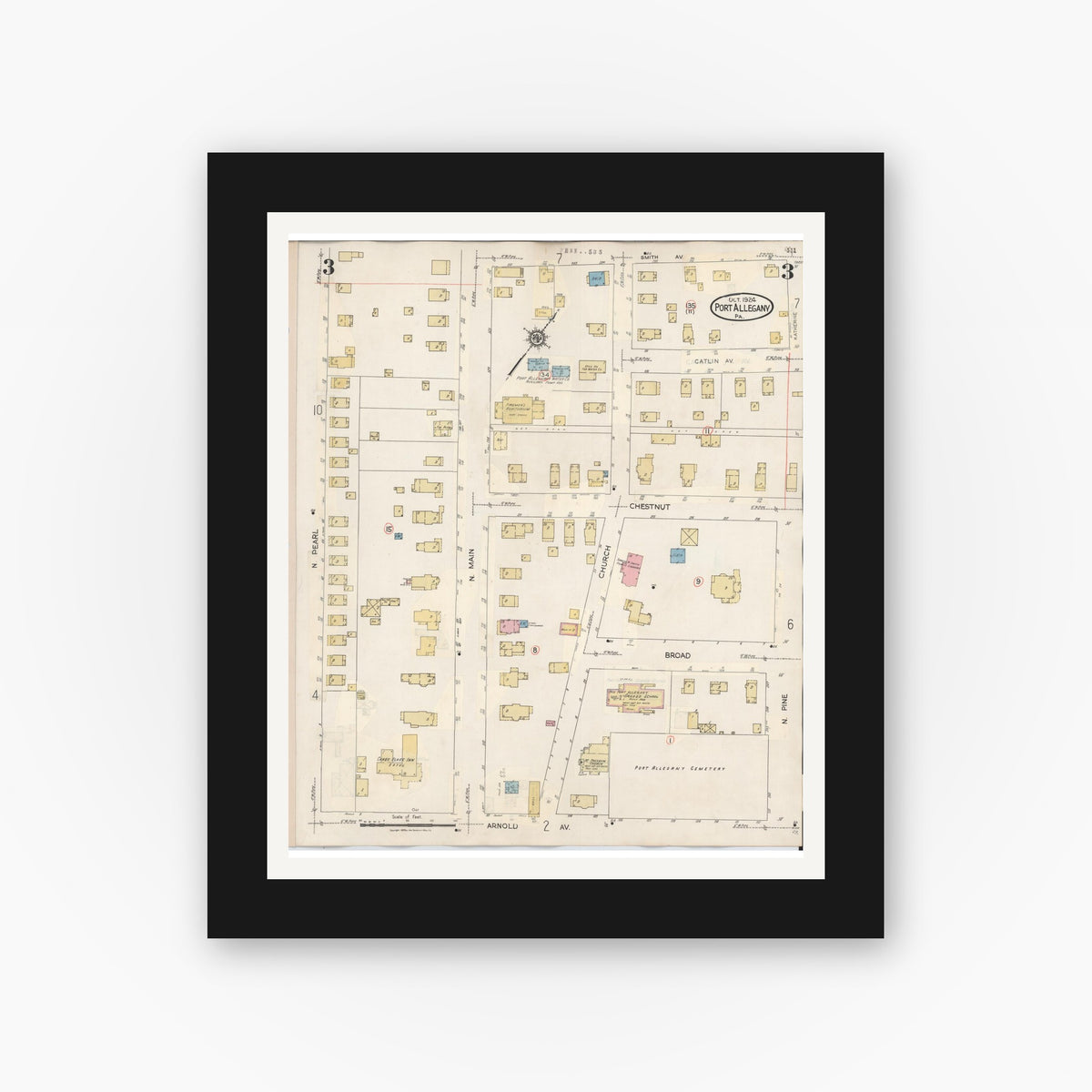 Old map wall art mockup — black gallery frame with white mat — Sanborn Fire Insurance Map from Port Allegany, McKean County, Pennsylvania (1940), Sheet #0003