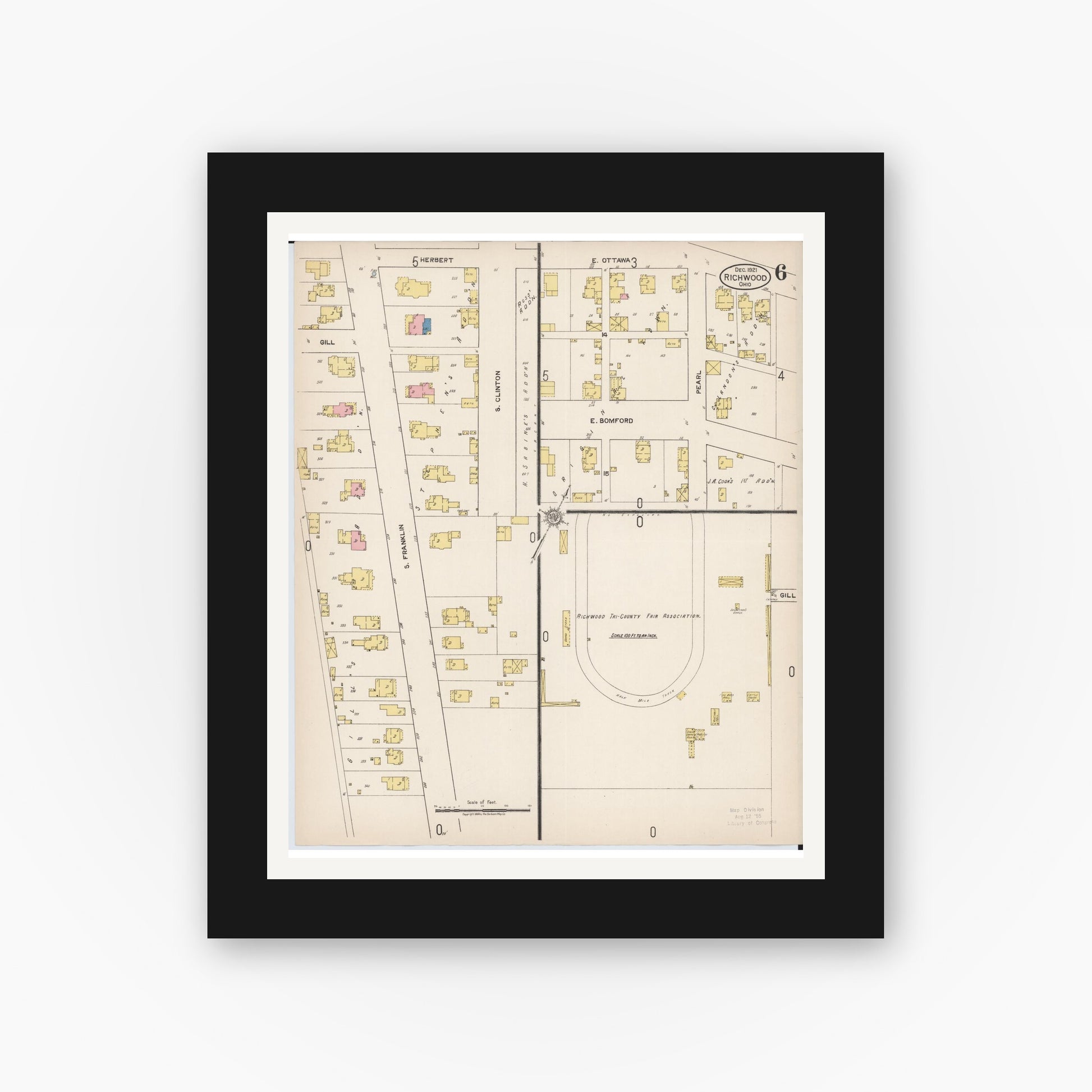 Old map wall art mockup — black gallery frame with white mat — Sanborn Fire Insurance Map from Richwood, Union County, Ohio (1921), Sheet #0006