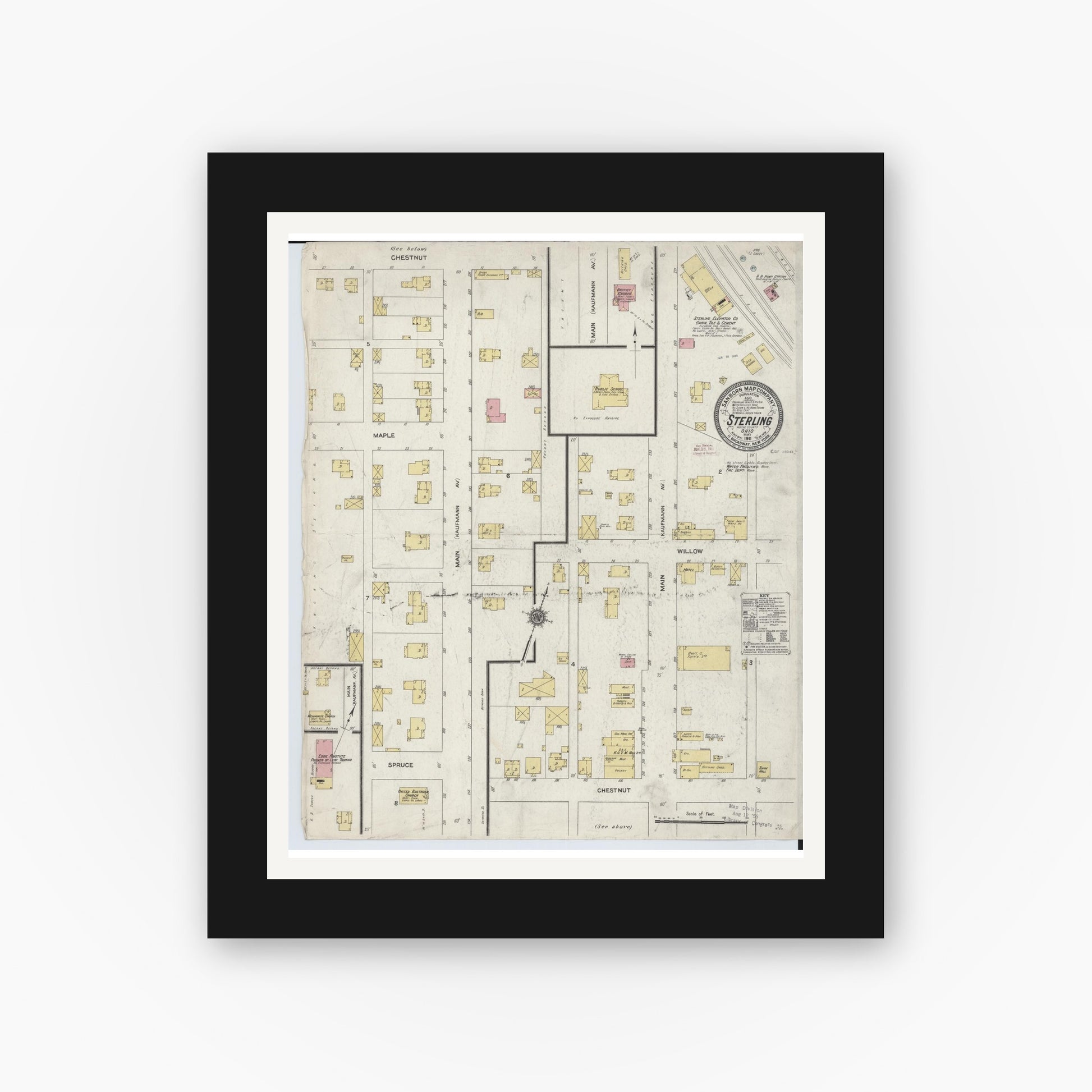 Old map wall art mockup — black gallery frame with white mat — Sanborn Fire Insurance Map from Sterling, Wayne County, Ohio (1911), Sheet #0001