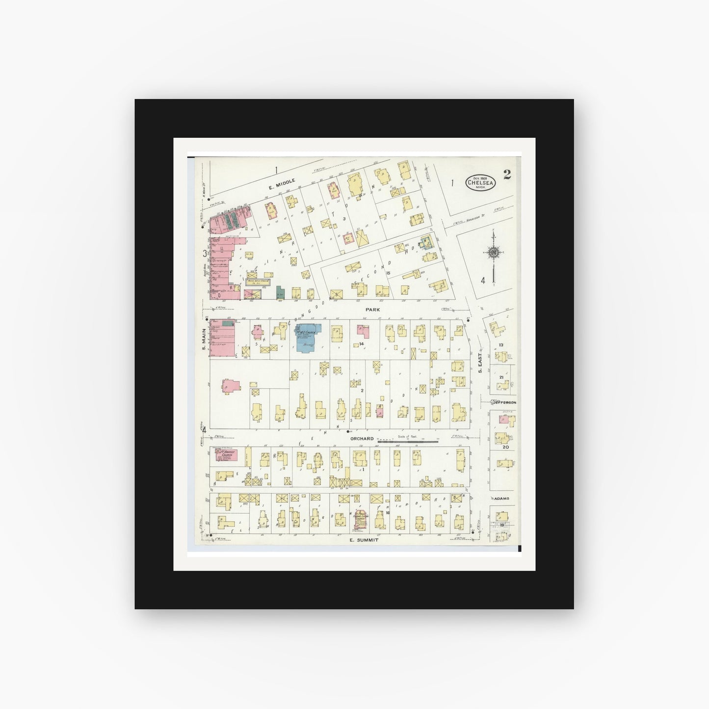 Old map wall art mockup — black gallery frame with white mat — Sanborn Fire Insurance Map from Chelsea, Washtenaw County, Michigan (1909), Sheet #0002