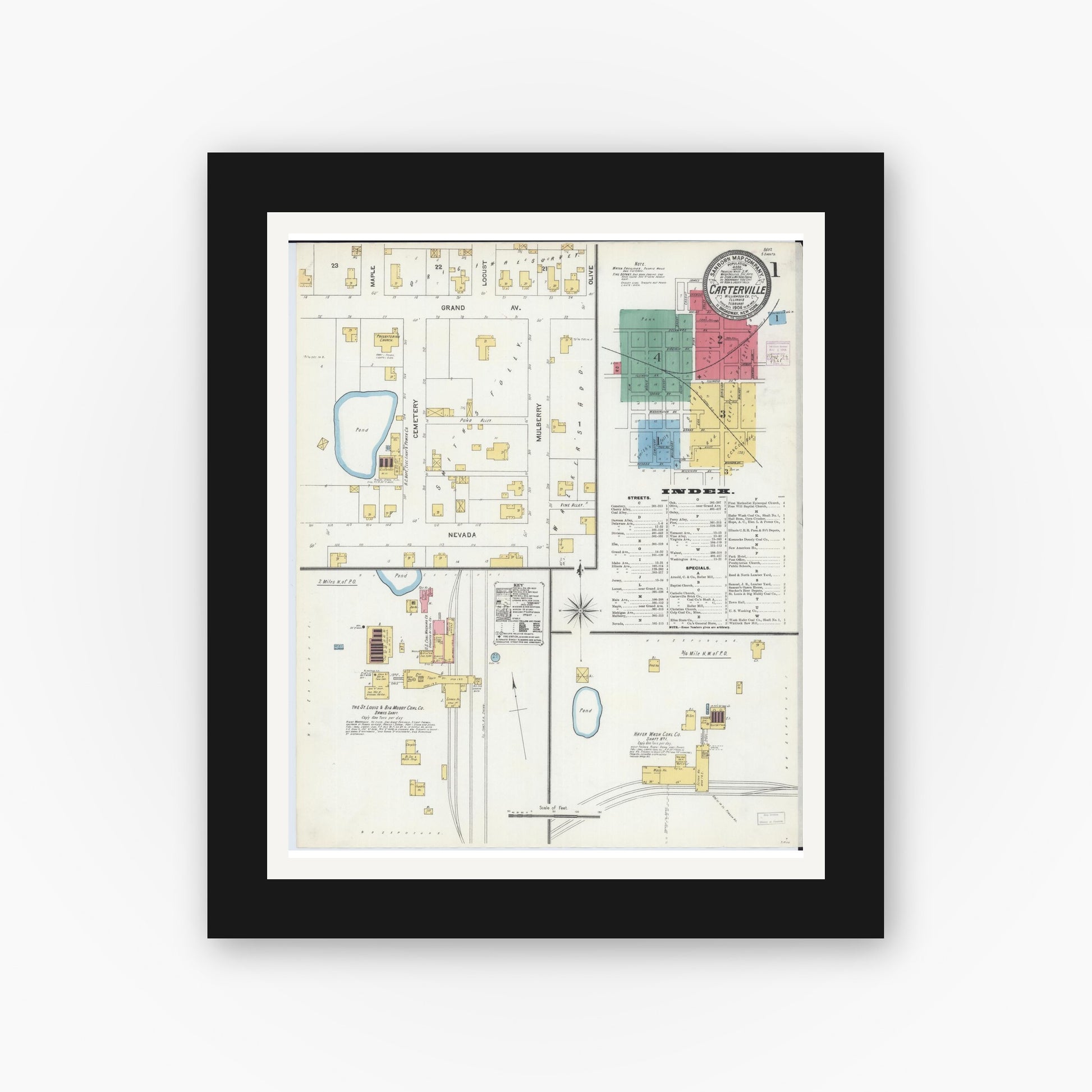 Old map wall art mockup — black gallery frame with white mat — Sanborn Fire Insurance Map from Carterville, Williamson County, Illinois (1906) - Complete Map Set