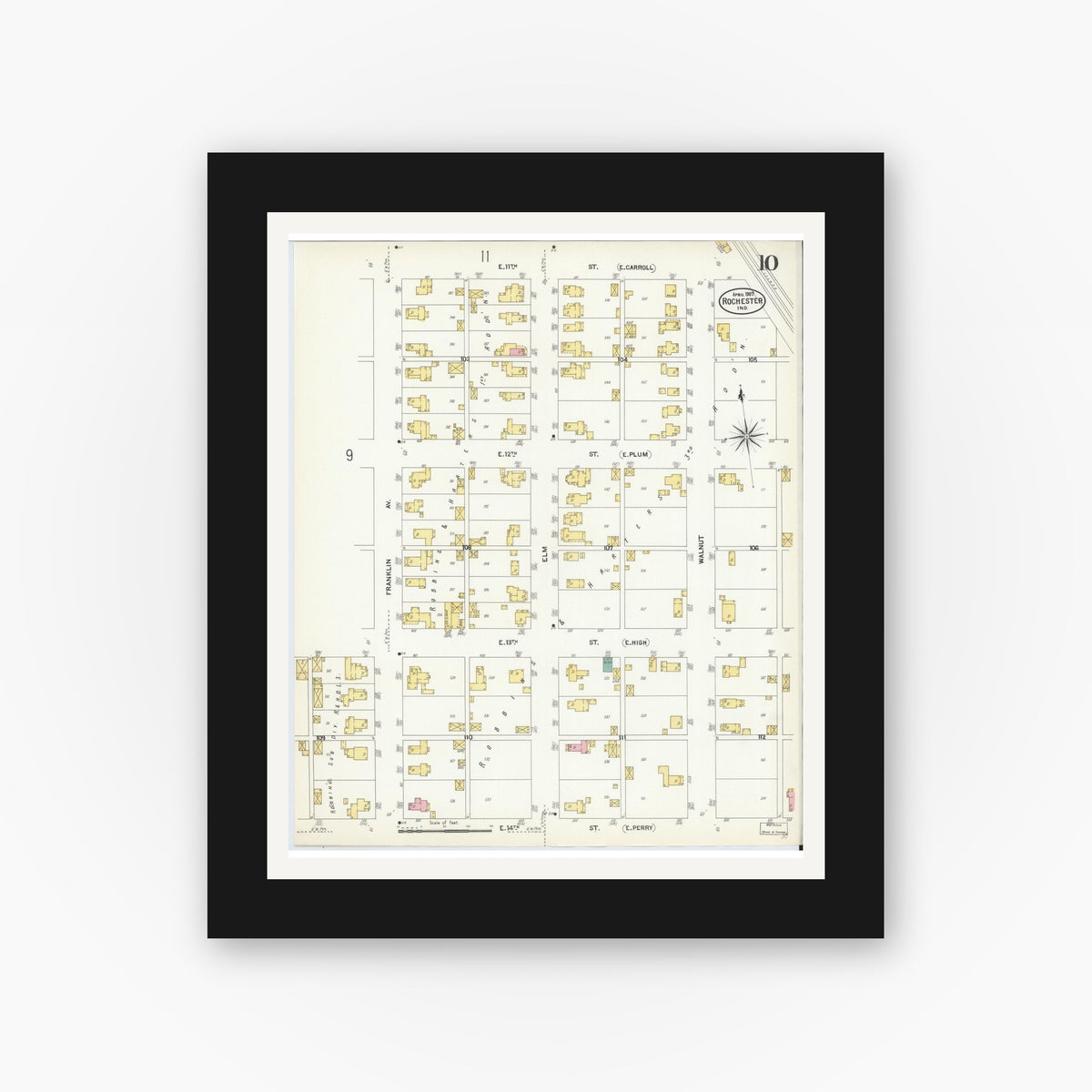 Old map wall art mockup — black gallery frame with white mat — Sanborn Fire Insurance Map from Rochester, Fulton County, Indiana (1907), Sheet #0010