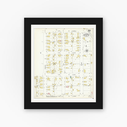Old map wall art mockup — black gallery frame with white mat — Sanborn Fire Insurance Map from Rochester, Fulton County, Indiana (1907), Sheet #0010
