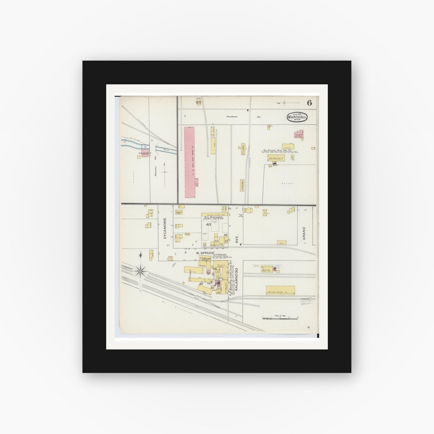 Old map wall art mockup — black gallery frame with white mat — Sanborn Fire Insurance Map from Marshall, Calhoun County, Michigan (1893), Sheet #0006