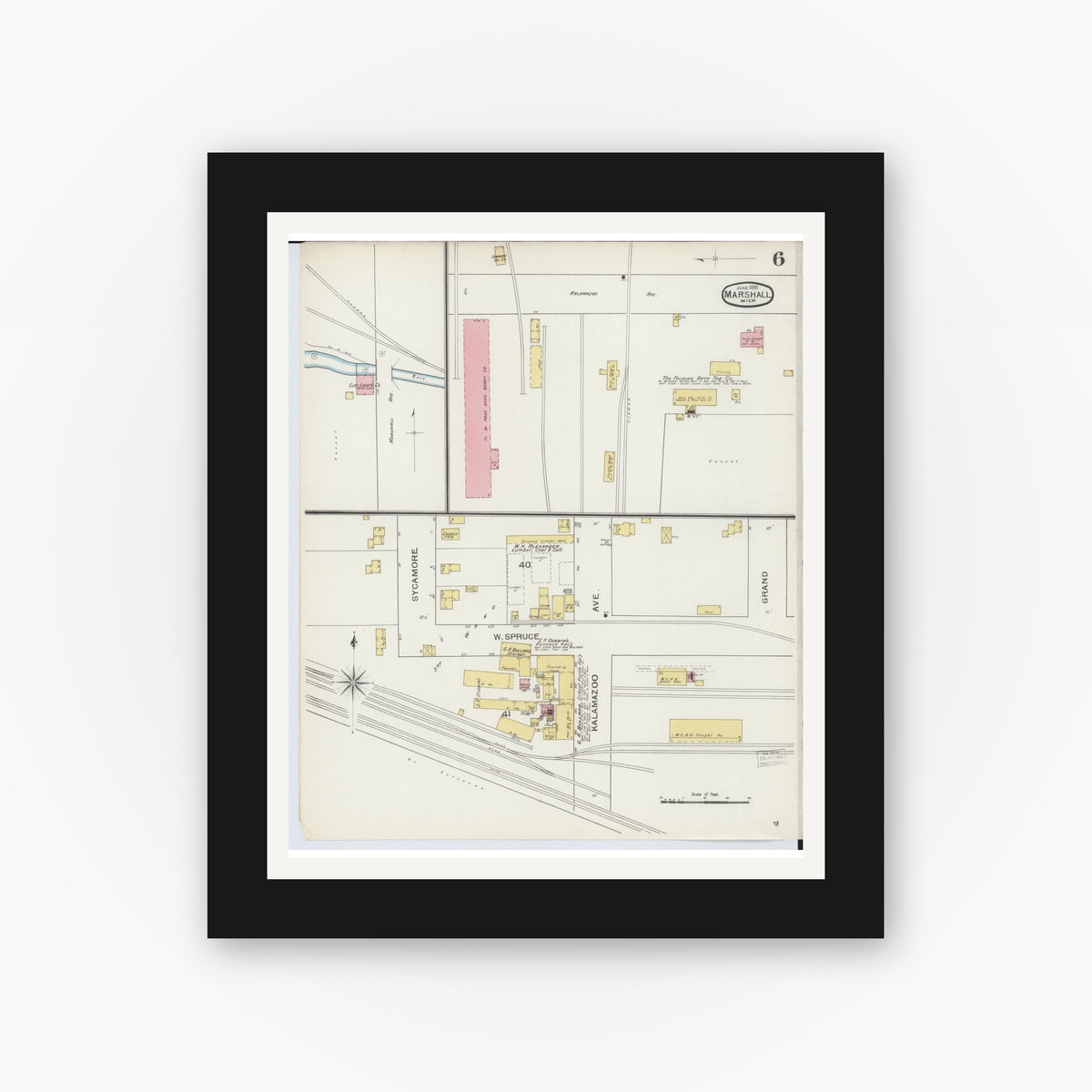 Old map wall art mockup — black gallery frame with white mat — Sanborn Fire Insurance Map from Marshall, Calhoun County, Michigan (1893), Sheet #0006