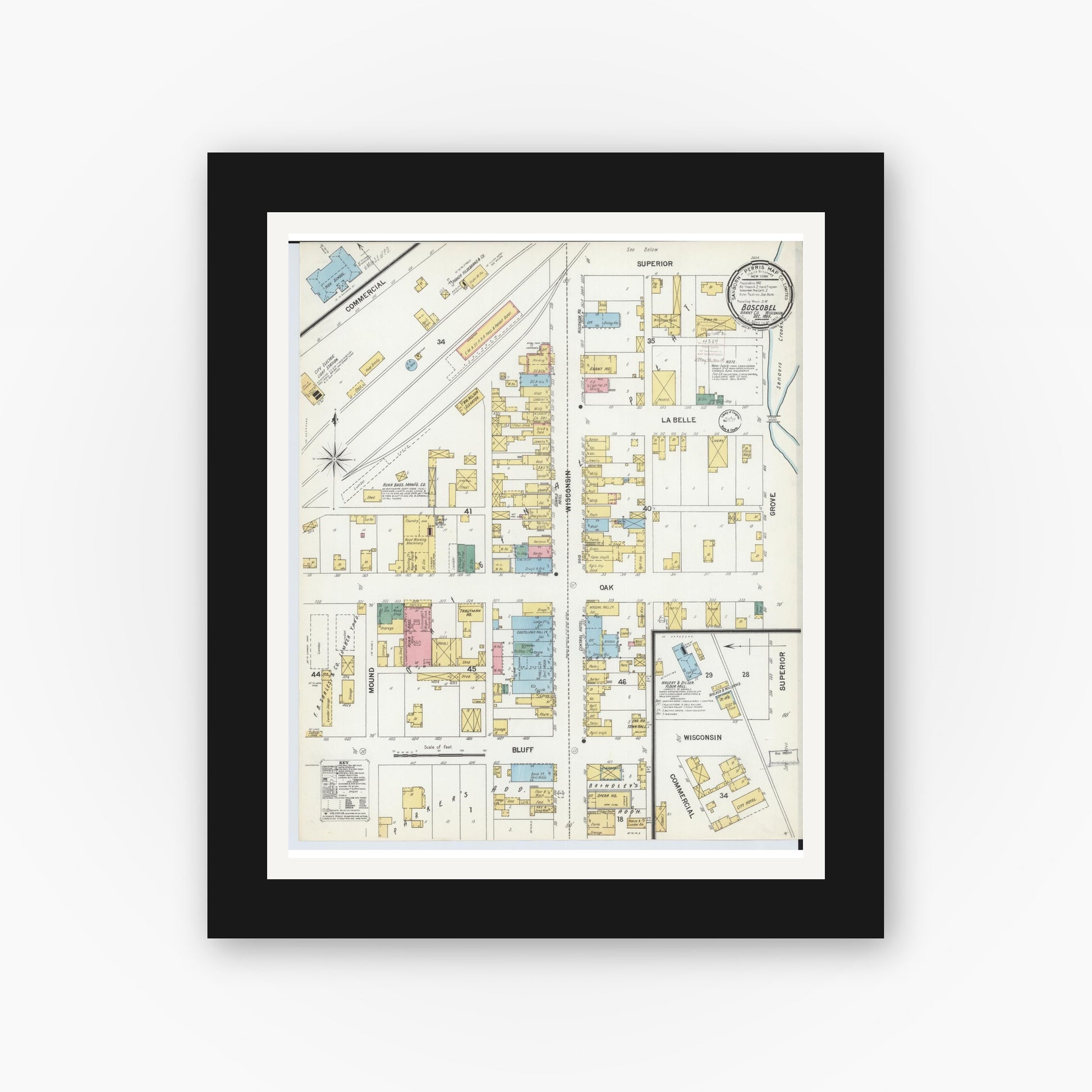 Old map wall art mockup — black gallery frame with white mat — Sanborn Fire Insurance Map from Boscobel, Grant County, Wisconsin (1899), Sheet #0001