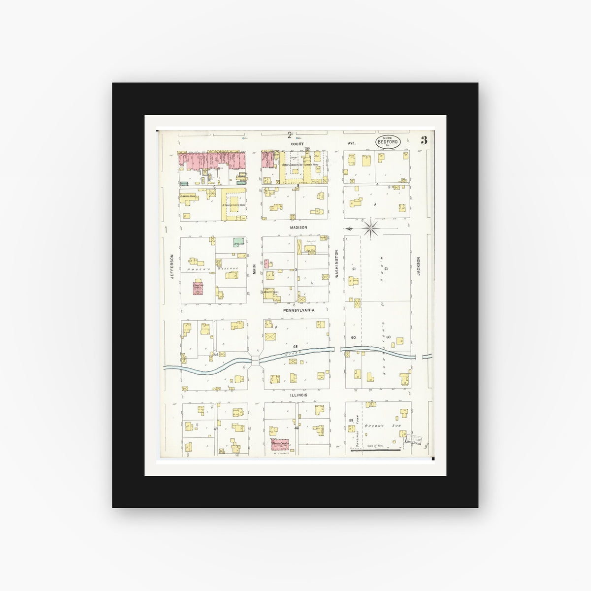 Old map wall art mockup — black gallery frame with white mat — Sanborn Fire Insurance Map from Bedford, Taylor County, Iowa (1898), Sheet #0003