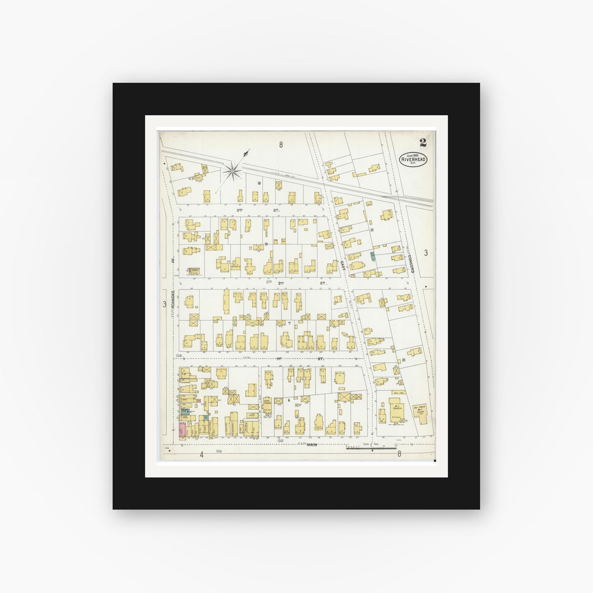 Old map wall art mockup — black gallery frame with white mat — Sanborn Fire Insurance Map from Riverhead, Suffolk County, New York (1902), Sheet #0002