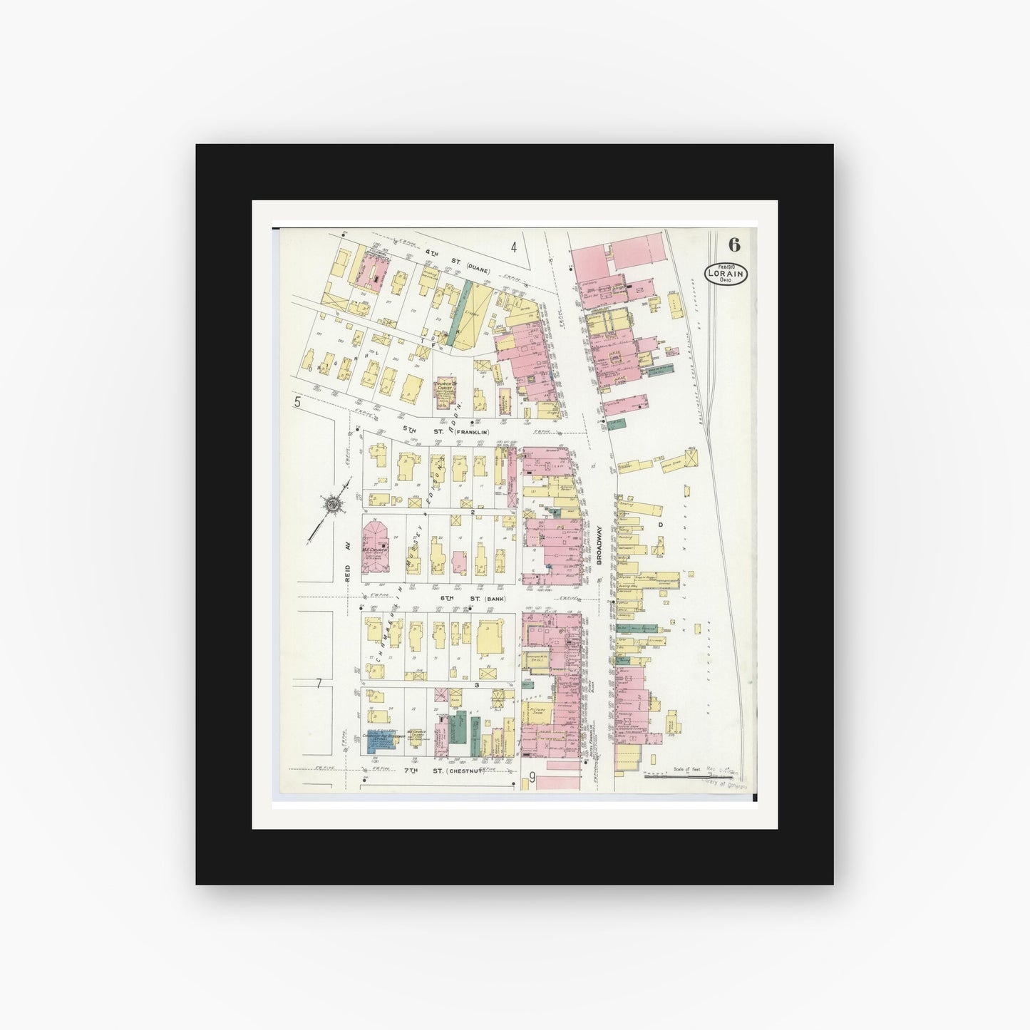 Old map wall art mockup — black gallery frame with white mat — Sanborn Fire Insurance Map from Lorain, Lorain County, Ohio (1910), Sheet #0006