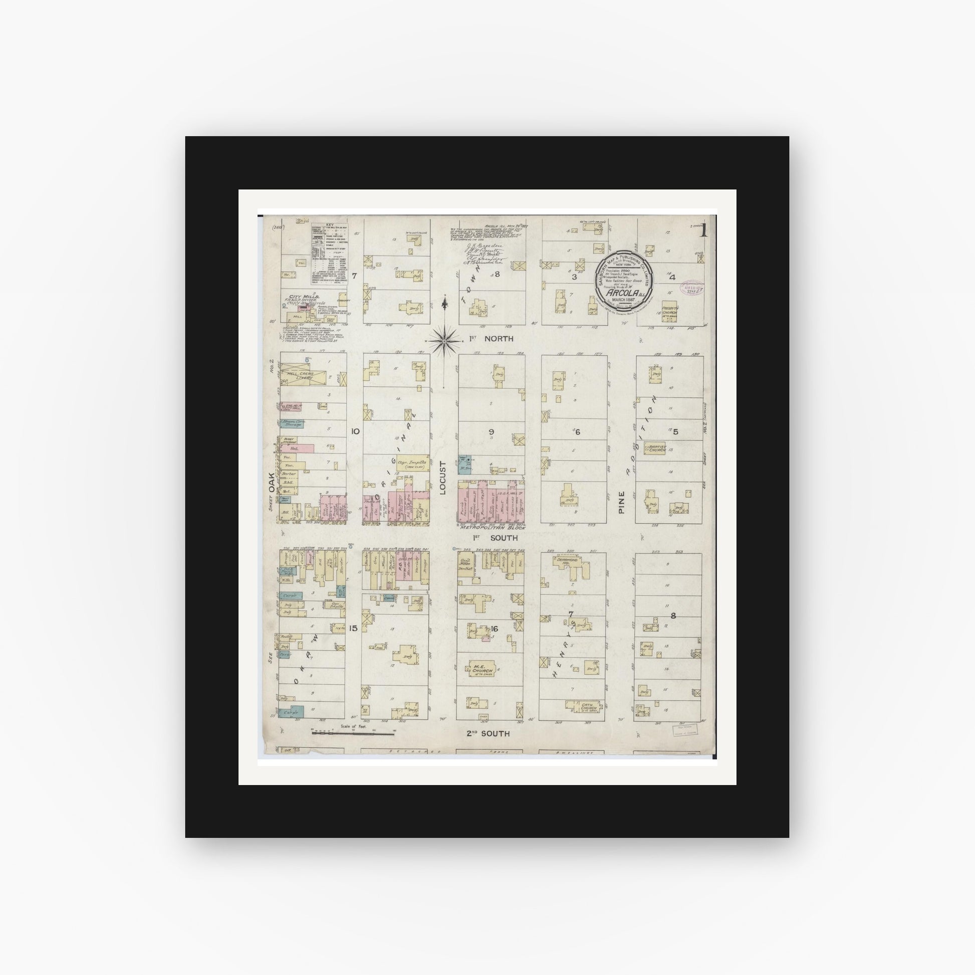 Old map wall art mockup — black gallery frame with white mat — Sanborn Fire Insurance Map from Arcola, Douglas County, Illinois (1887) - Complete Map Set