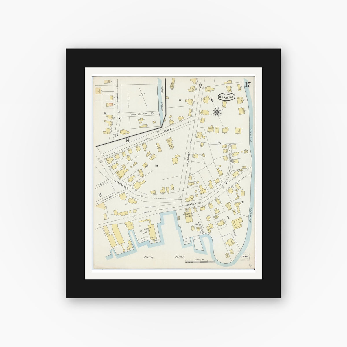Old map wall art mockup — black gallery frame with white mat — Sanborn Fire Insurance Map from Beverly, Essex County, Massachusetts (1896), Sheet #0017