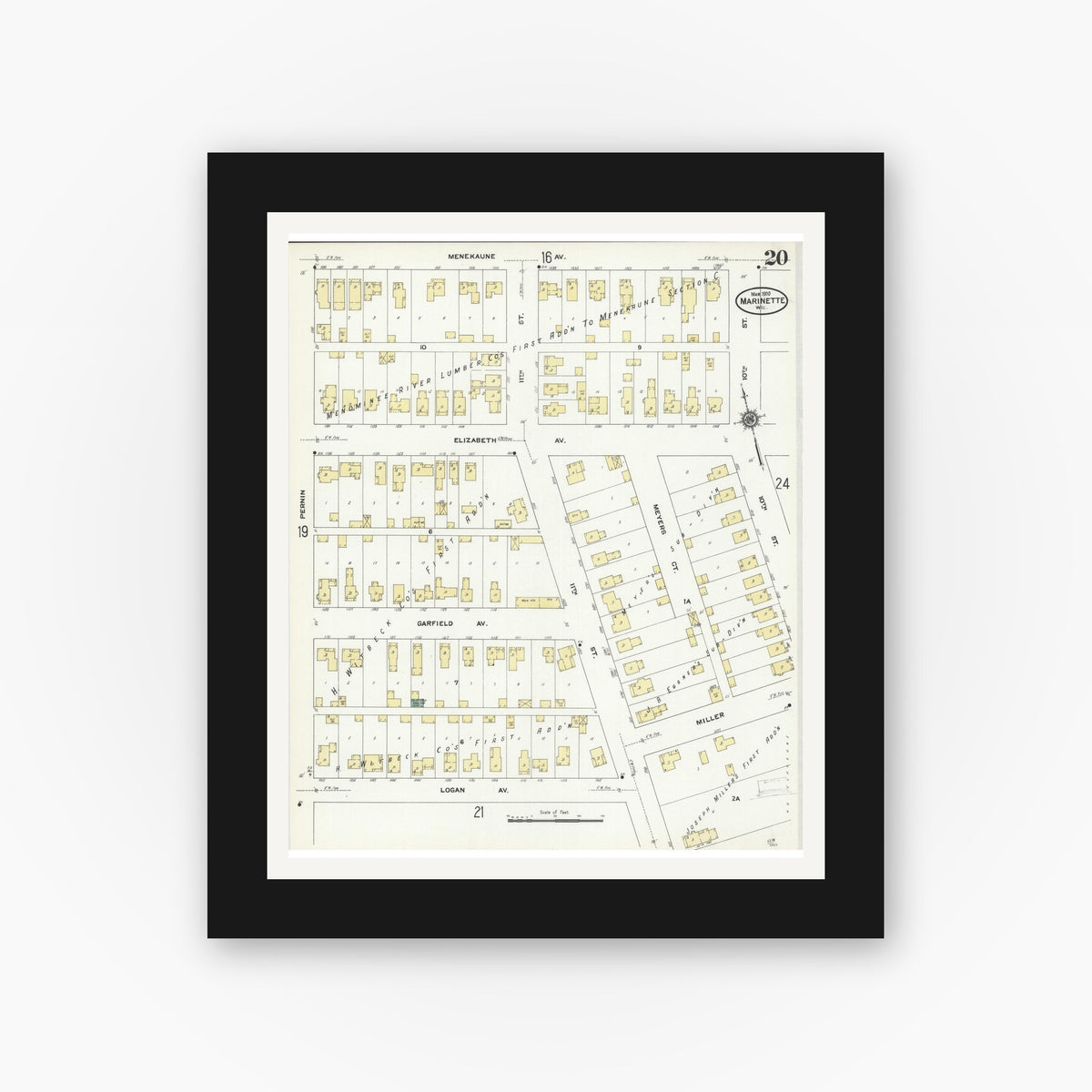 Old map wall art mockup — black gallery frame with white mat — Sanborn Fire Insurance Map from Marinette, Marinette County, Wisconsin (1910), Sheet #0020