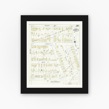Old map wall art mockup — black gallery frame with white mat — Sanborn Fire Insurance Map from Marinette, Marinette County, Wisconsin (1910), Sheet #0020