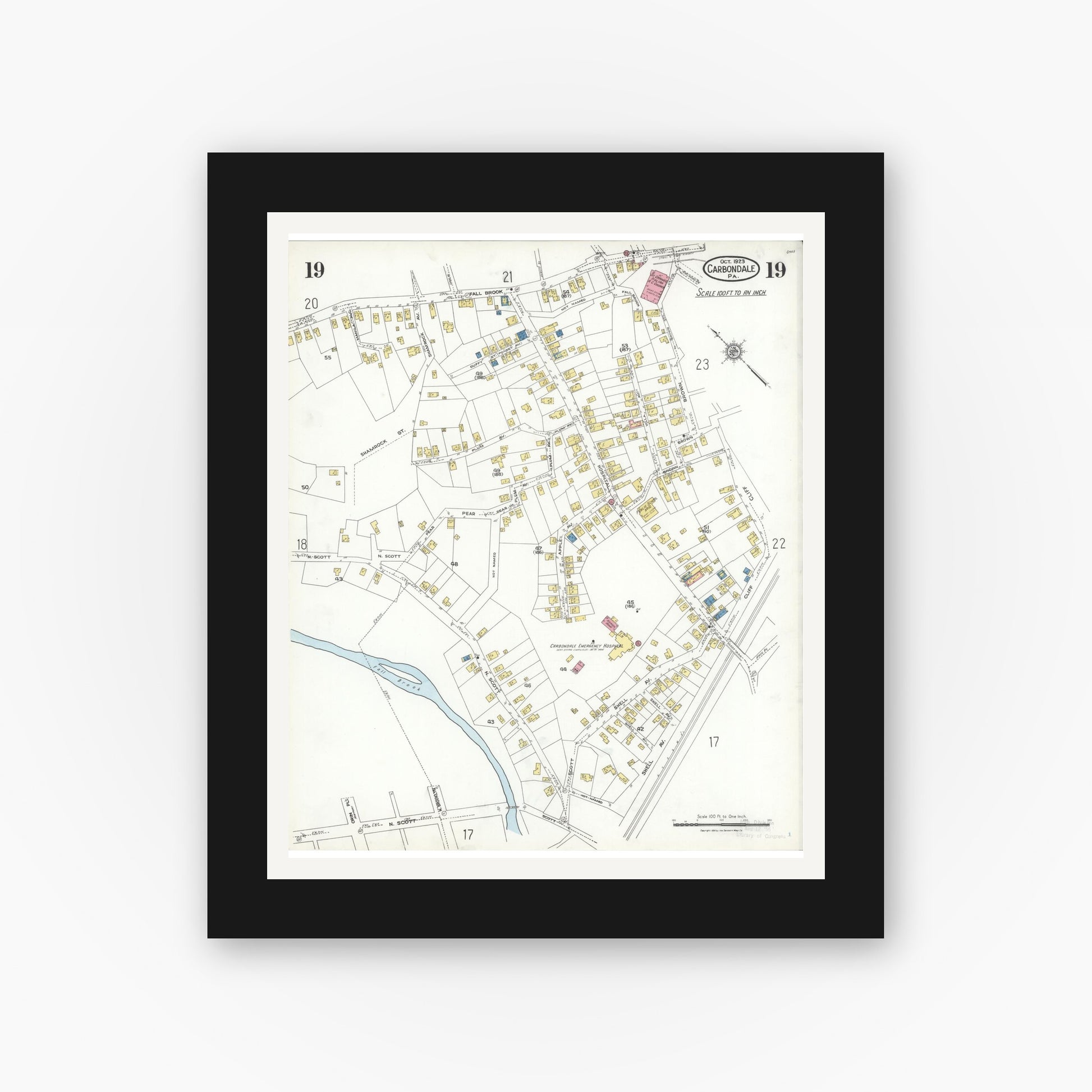 Old map wall art mockup — black gallery frame with white mat — Sanborn Fire Insurance Map from Carbondale, Lackawanna County, Pennsylvania (1923), Sheet #0019
