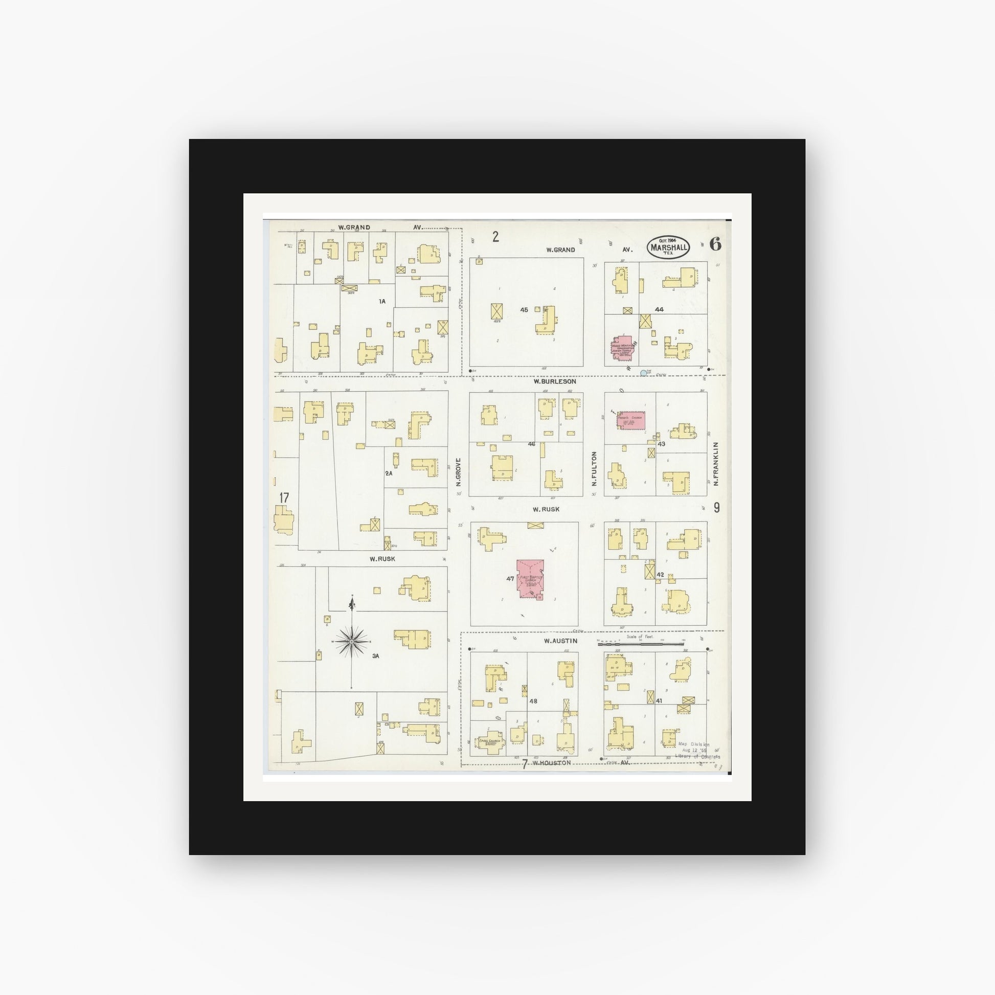 Old map wall art mockup — black gallery frame with white mat — Sanborn Fire Insurance Map from Marshall, Harrison County, Texas (1904), Sheet #0006