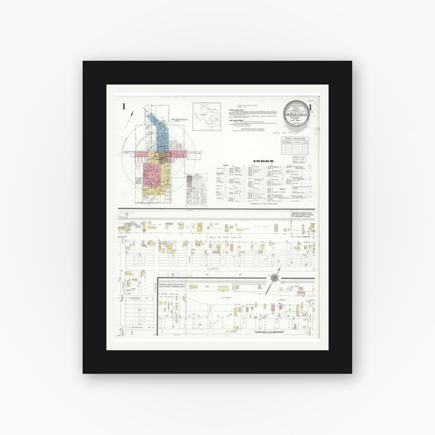 Old map wall art mockup — black gallery frame with white mat — Sanborn Fire Insurance Map from Monahans, Ward County, Texas (1940), Sheet #0001