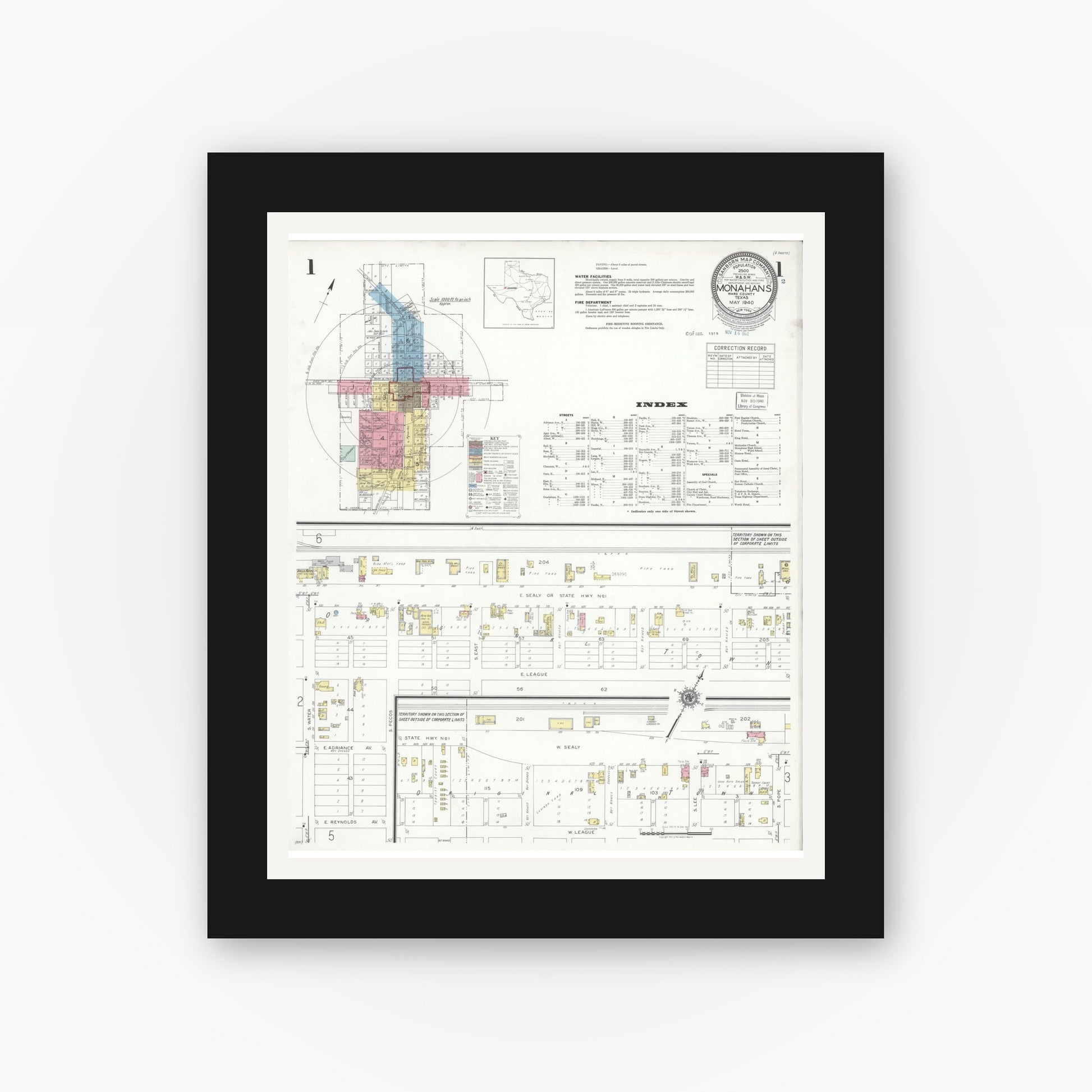 Old map wall art mockup — black gallery frame with white mat — Sanborn Fire Insurance Map from Monahans, Ward County, Texas (1940), Sheet #0001