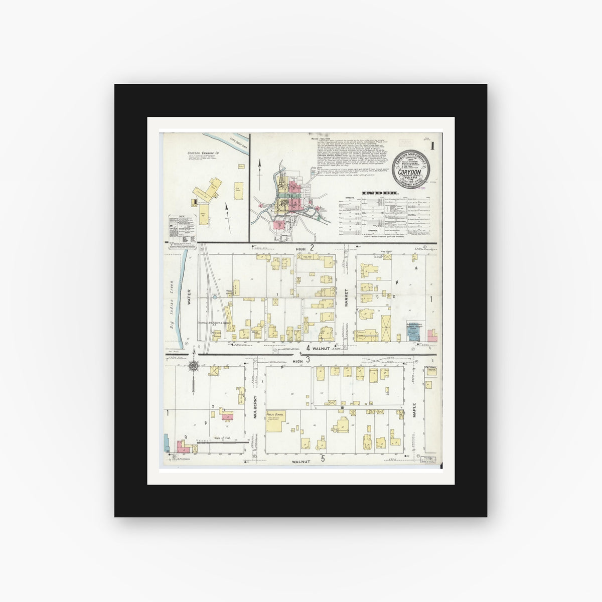 Old map wall art mockup — black gallery frame with white mat — Sanborn Fire Insurance Map from Corydon, Harrison County, Indiana (1910) - Complete Map Set