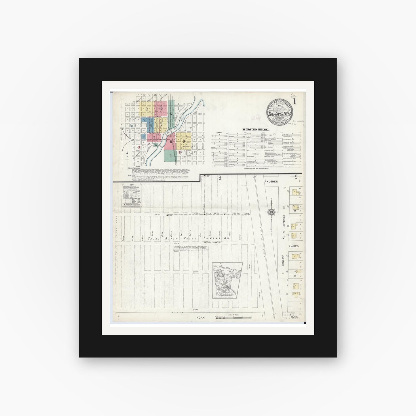 Old map wall art mockup — black gallery frame with white mat — Sanborn Fire Insurance Map from Thief River Falls, Pennington County, Minnesota (1912) - Complete Map Set