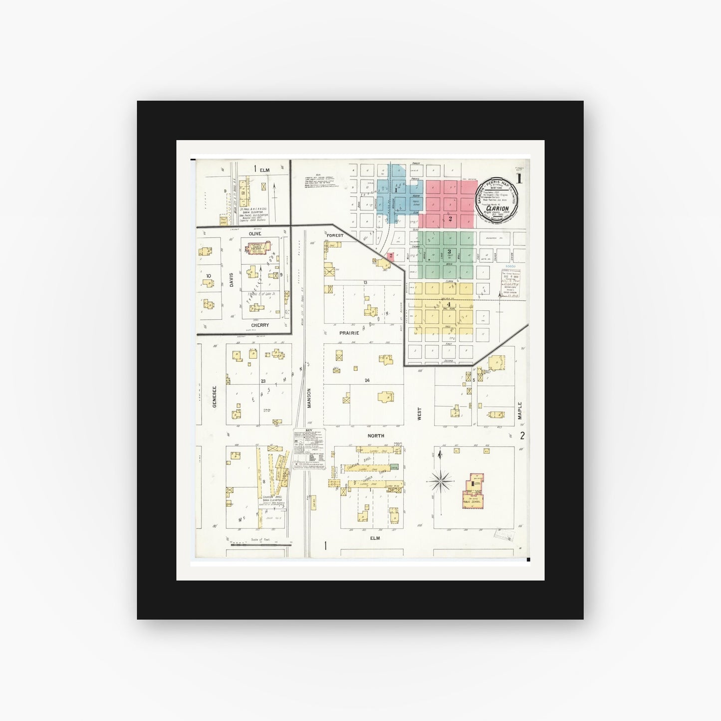 Old map wall art mockup — black gallery frame with white mat — Sanborn Fire Insurance Map from Clarion, Wright County, Iowa (1900) â€” Complete Set