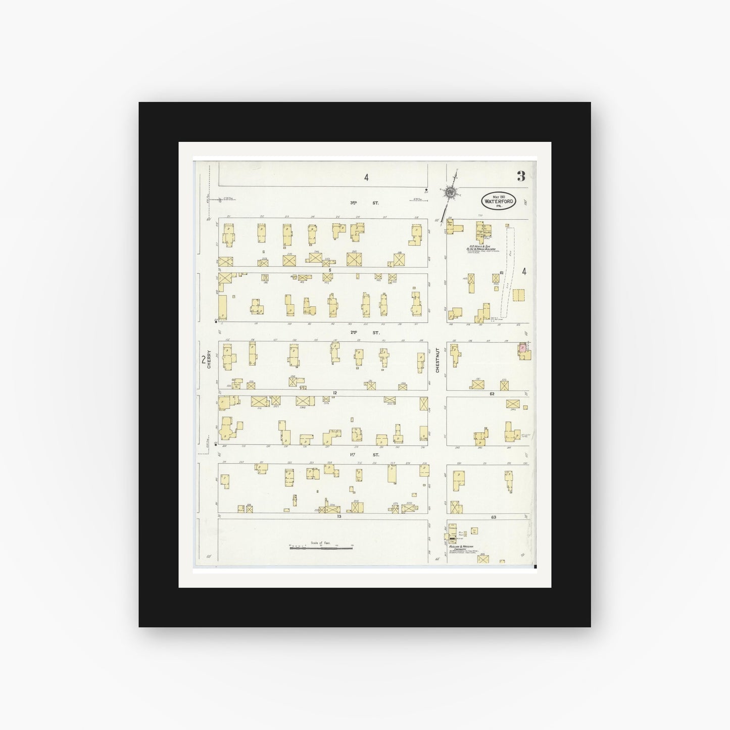 Old map wall art mockup — black gallery frame with white mat — Sanborn Fire Insurance Map from Waterford, Erie County, Pennsylvania (1911), Sheet #0003