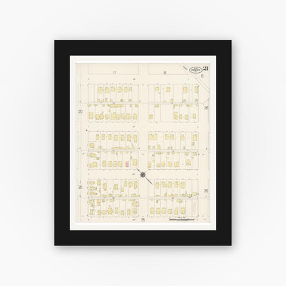 Old map wall art mockup — black gallery frame with white mat — Sanborn Fire Insurance Map from Modesto, Stanislaus County, California (1919), Sheet #0021