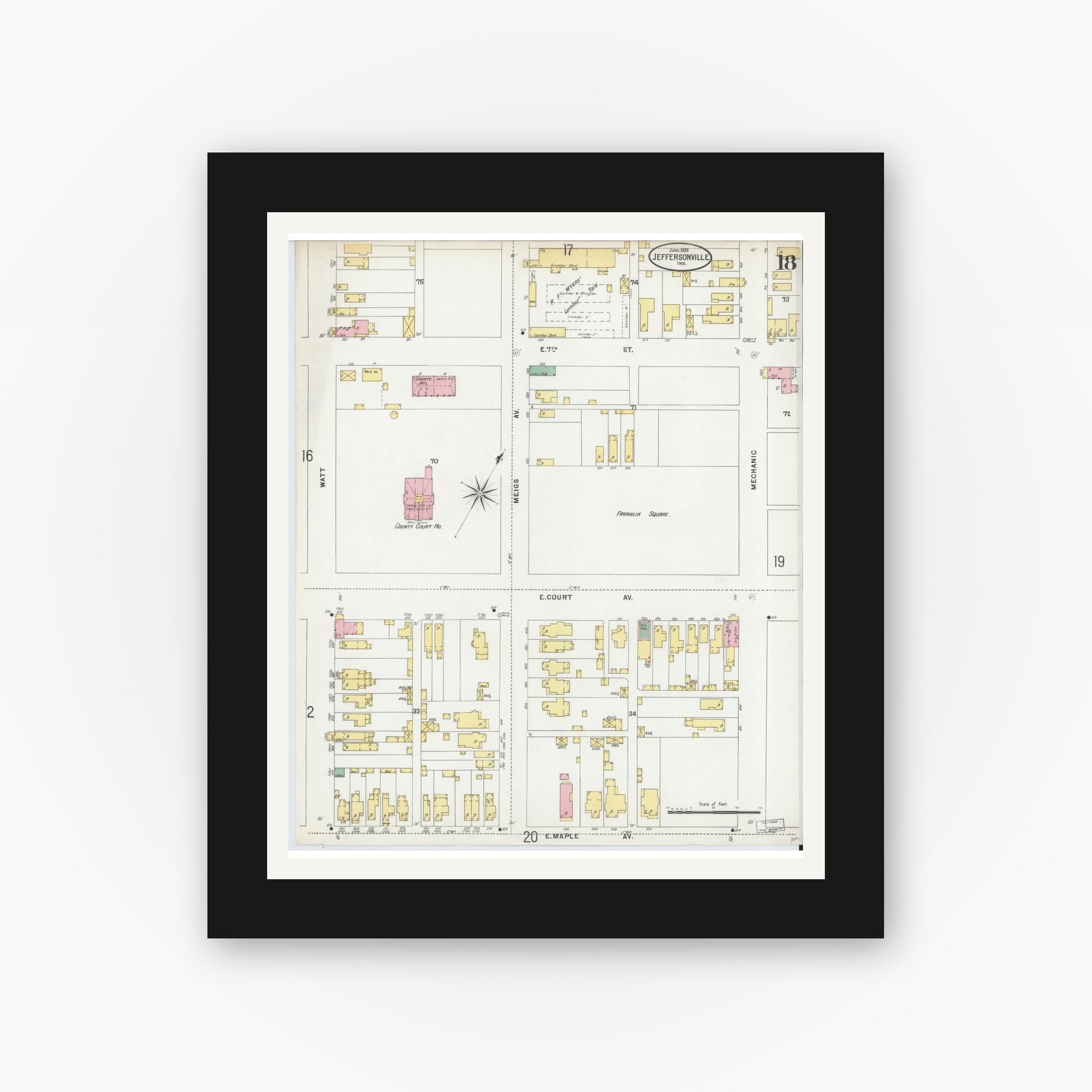 Old map wall art mockup — black gallery frame with white mat — Sanborn Fire Insurance Map from Jeffersonville, Clark County, Indiana (1898), Sheet #0018